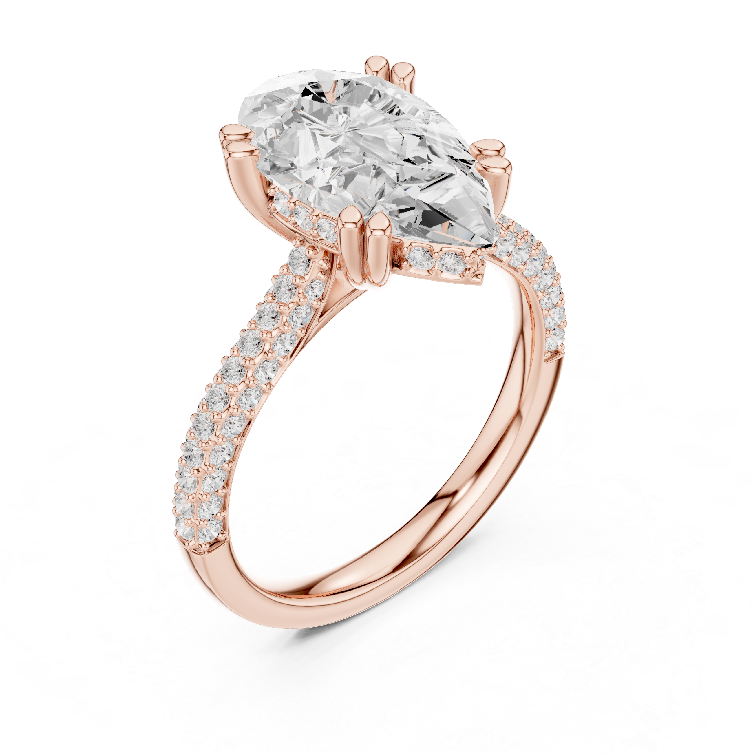Pear Cut Diamond Hidden Halo Triple Row Pave Band Engagement Ring