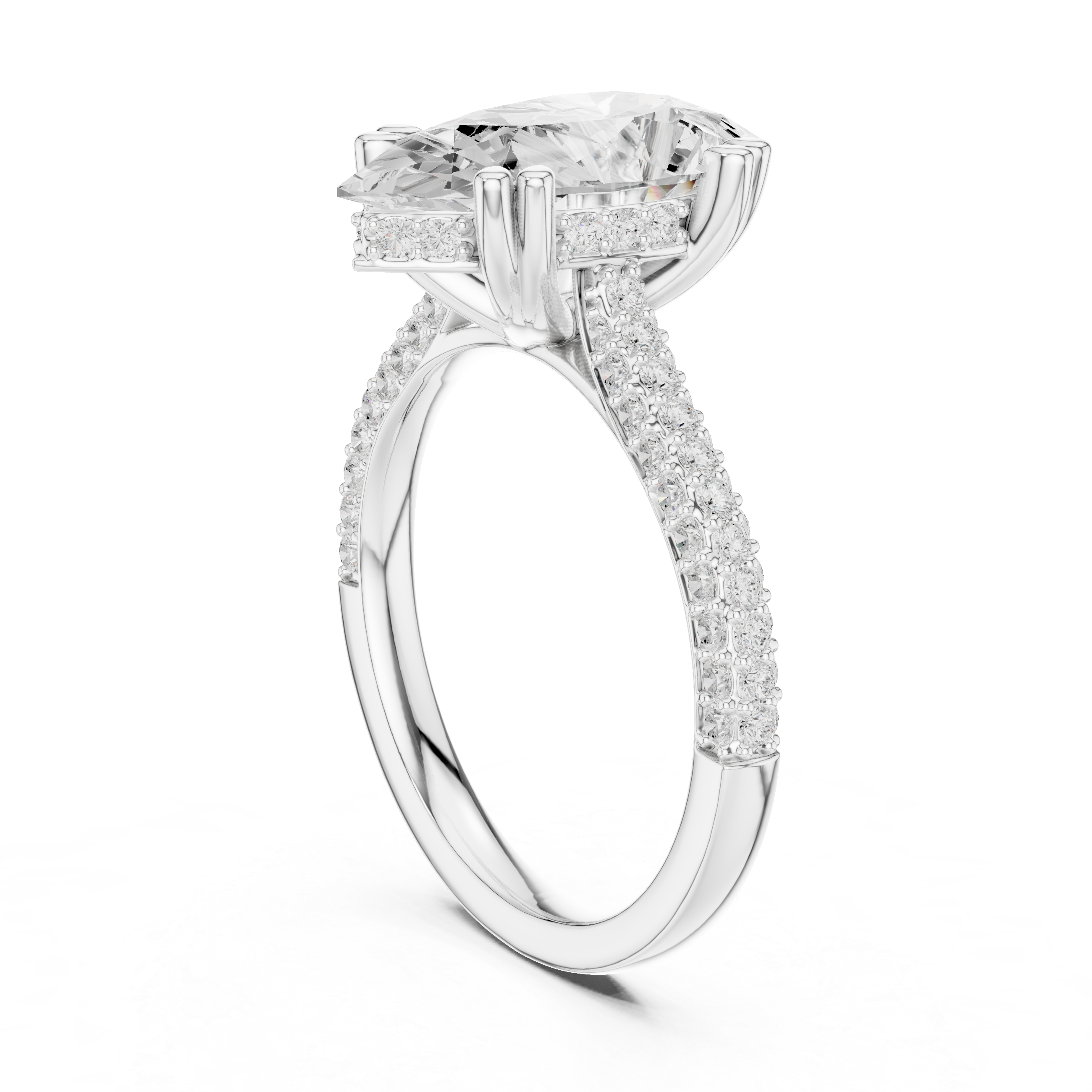 Pear Cut Diamond Hidden Halo Triple Row Pave Band Engagement Ring