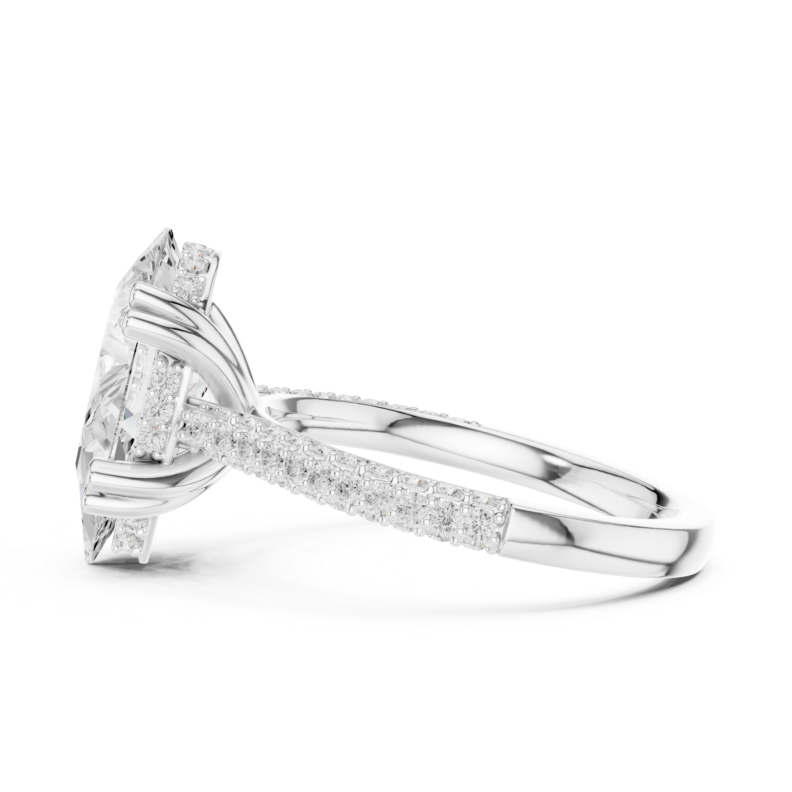 Pear Cut Diamond Hidden Halo Triple Row Pave Band Engagement Ring