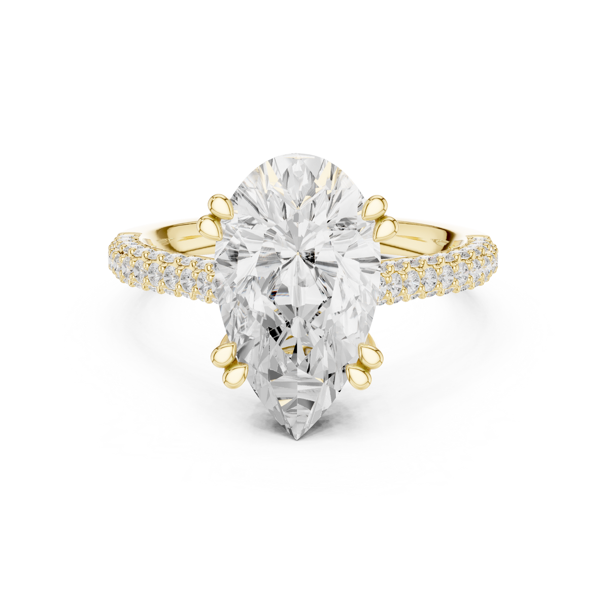 Pear Cut Diamond Hidden Halo Triple Row Pave Band Engagement Ring