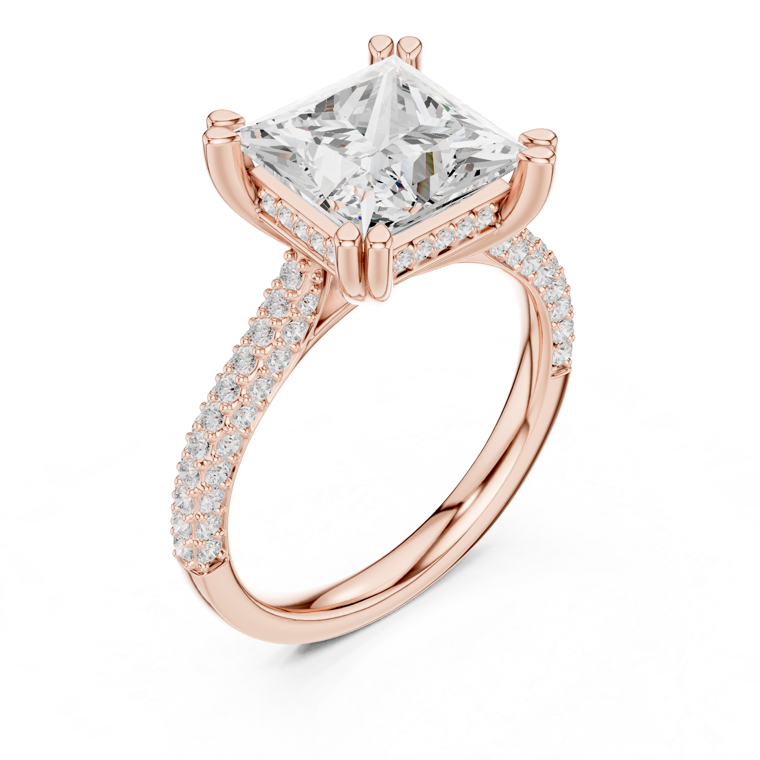 Princess Cut Diamond Hidden Halo Triple Row Pave Band Engagement Ring