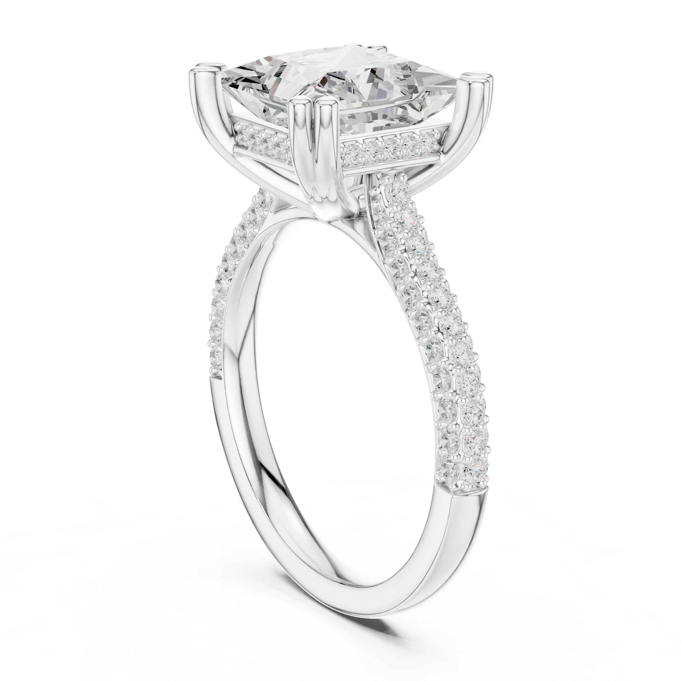 Princess Cut Diamond Hidden Halo Triple Row Pave Band Engagement Ring