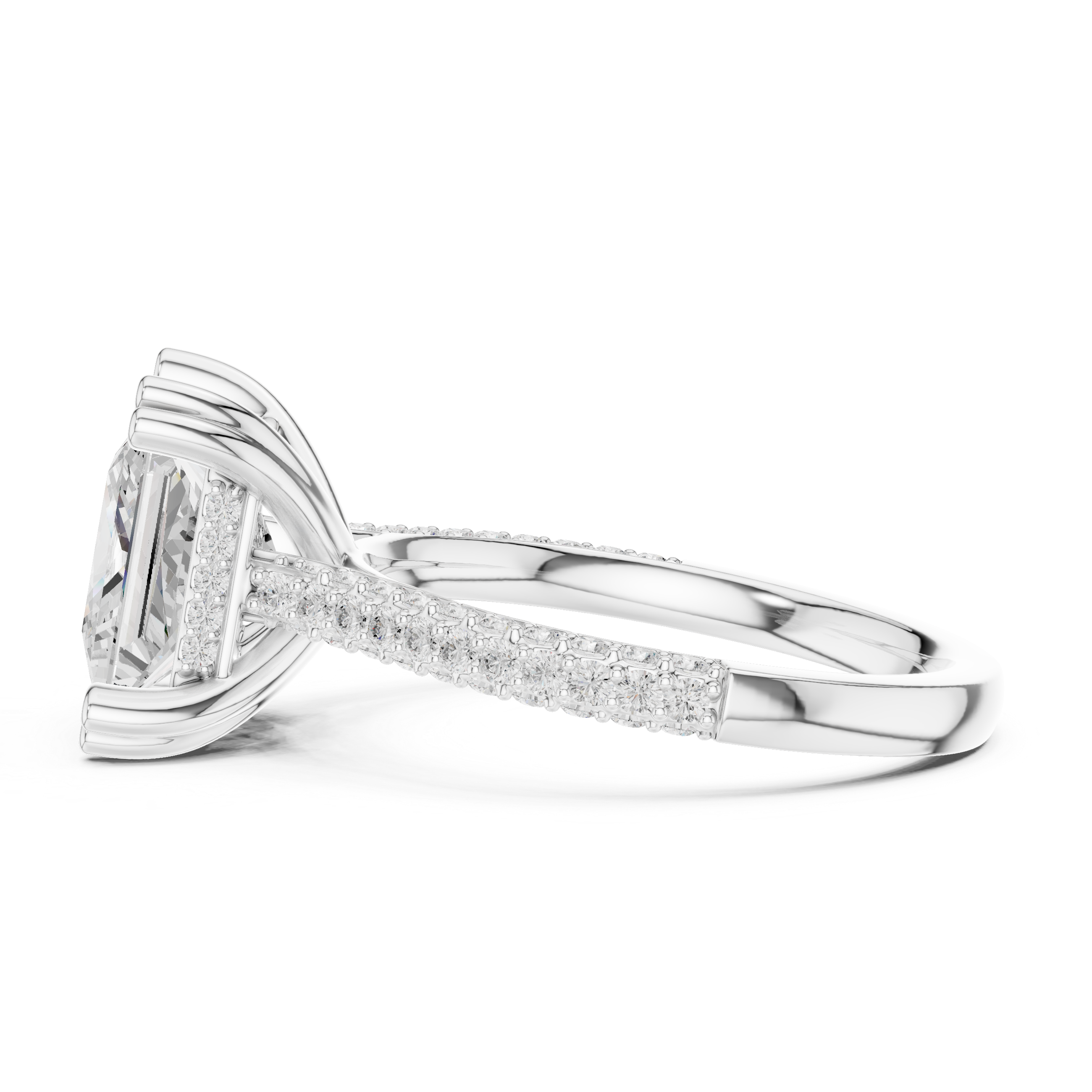 Princess Cut Diamond Hidden Halo Triple Row Pave Band Engagement Ring