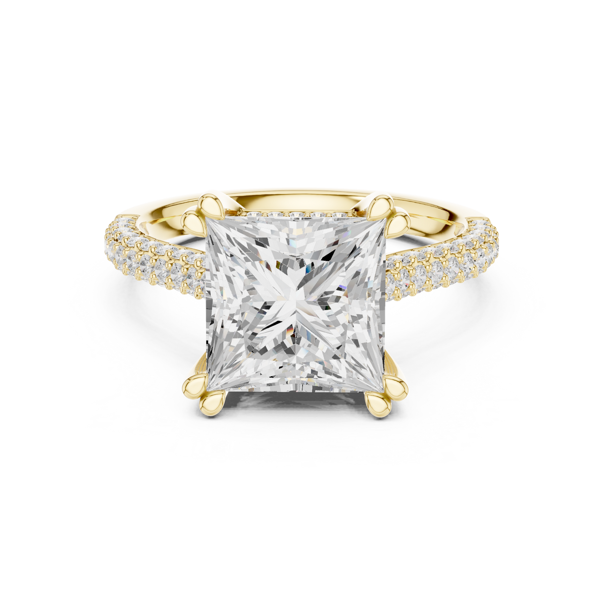 Princess Cut Diamond Hidden Halo Triple Row Pave Band Engagement Ring