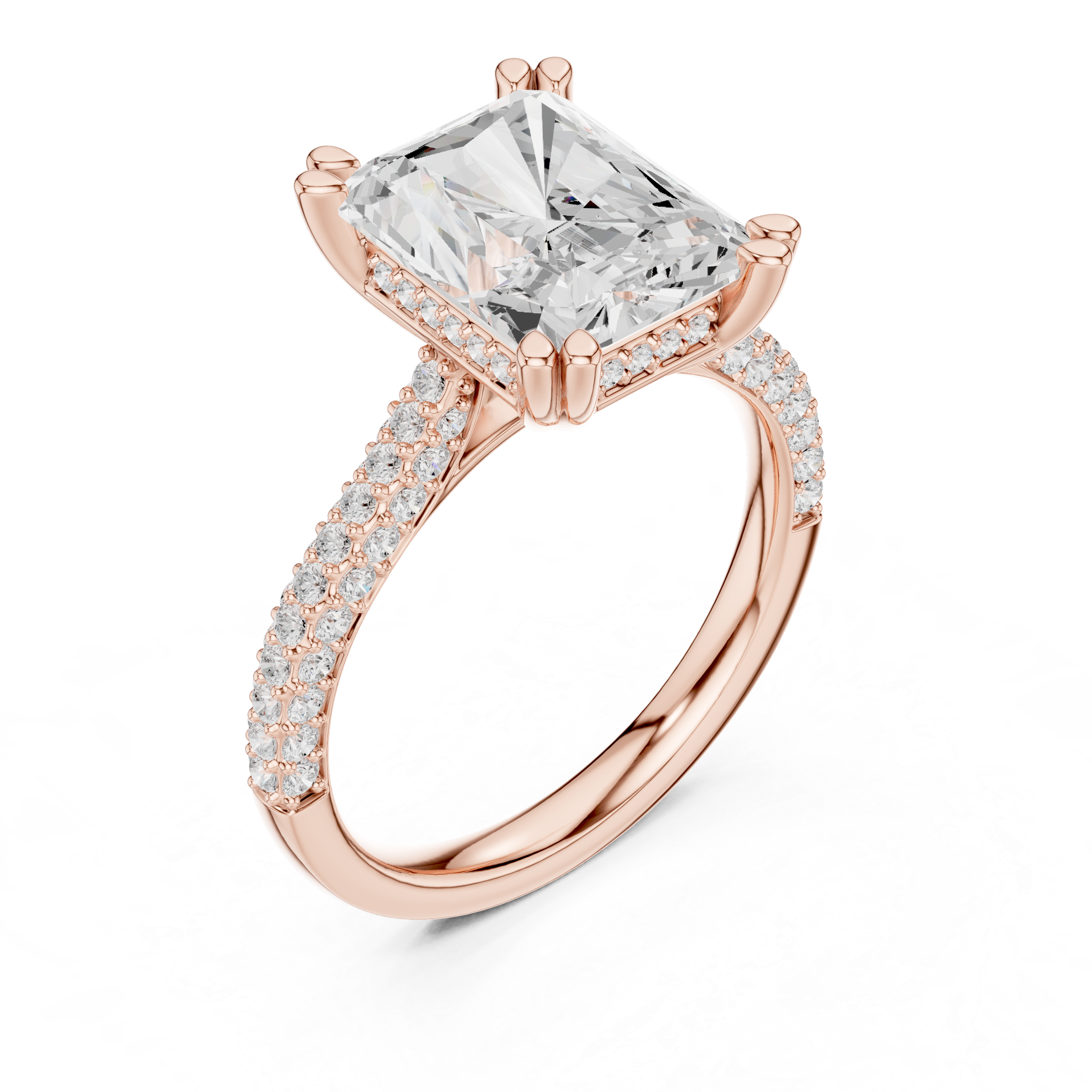 Radiant Cut Diamond Hidden Halo Triple Row Pave Band Engagement Ring