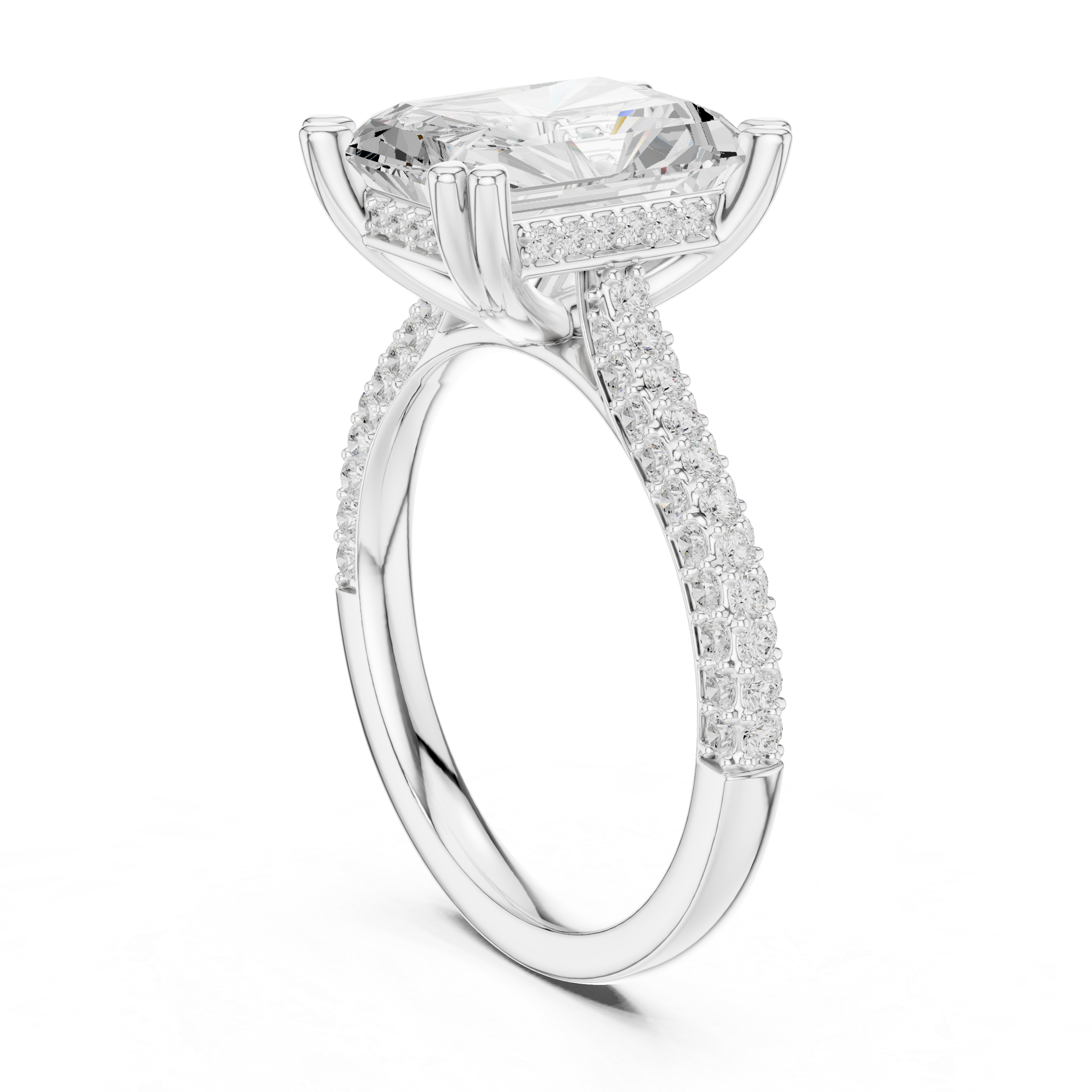 Radiant Cut Diamond Hidden Halo Triple Row Pave Band Engagement Ring