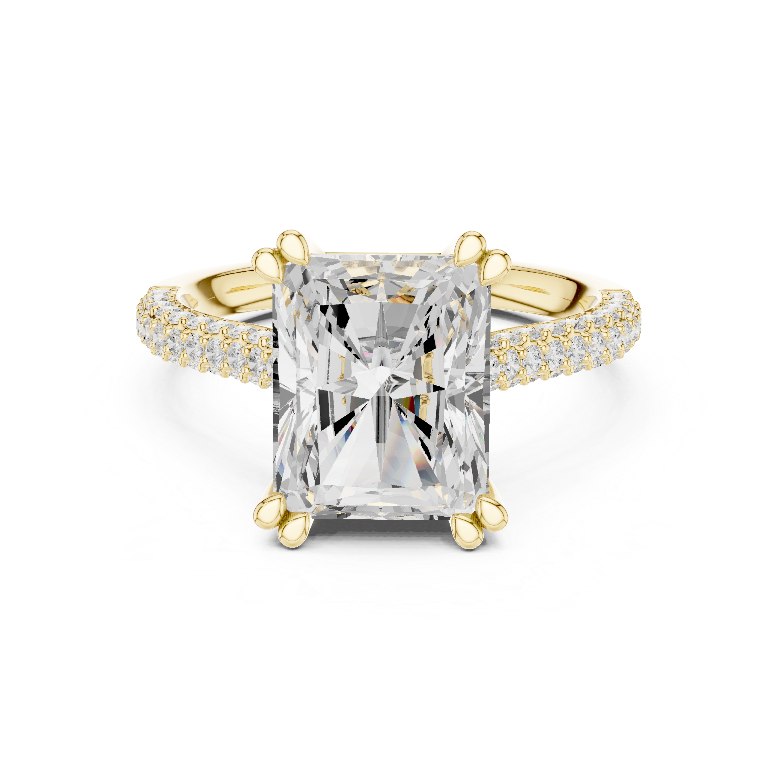 Radiant Cut Diamond Hidden Halo Triple Row Pave Band Engagement Ring