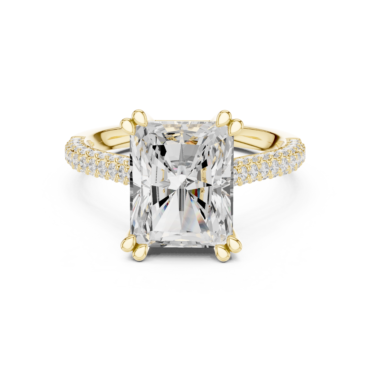Radiant Cut Diamond Hidden Halo Triple Row Pave Band Engagement Ring