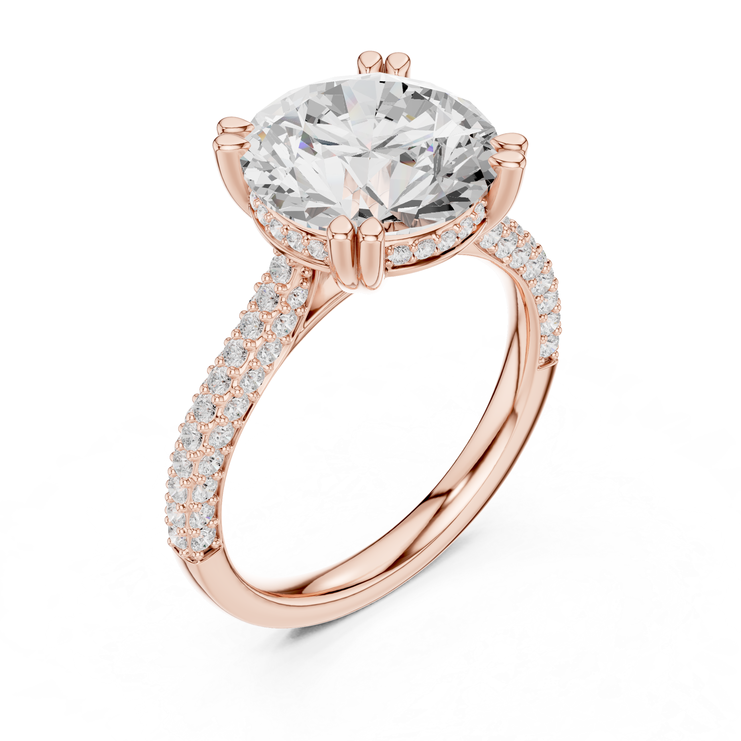 Round Cut Diamond Hidden Halo Triple Row Pave Band Engagement Ring
