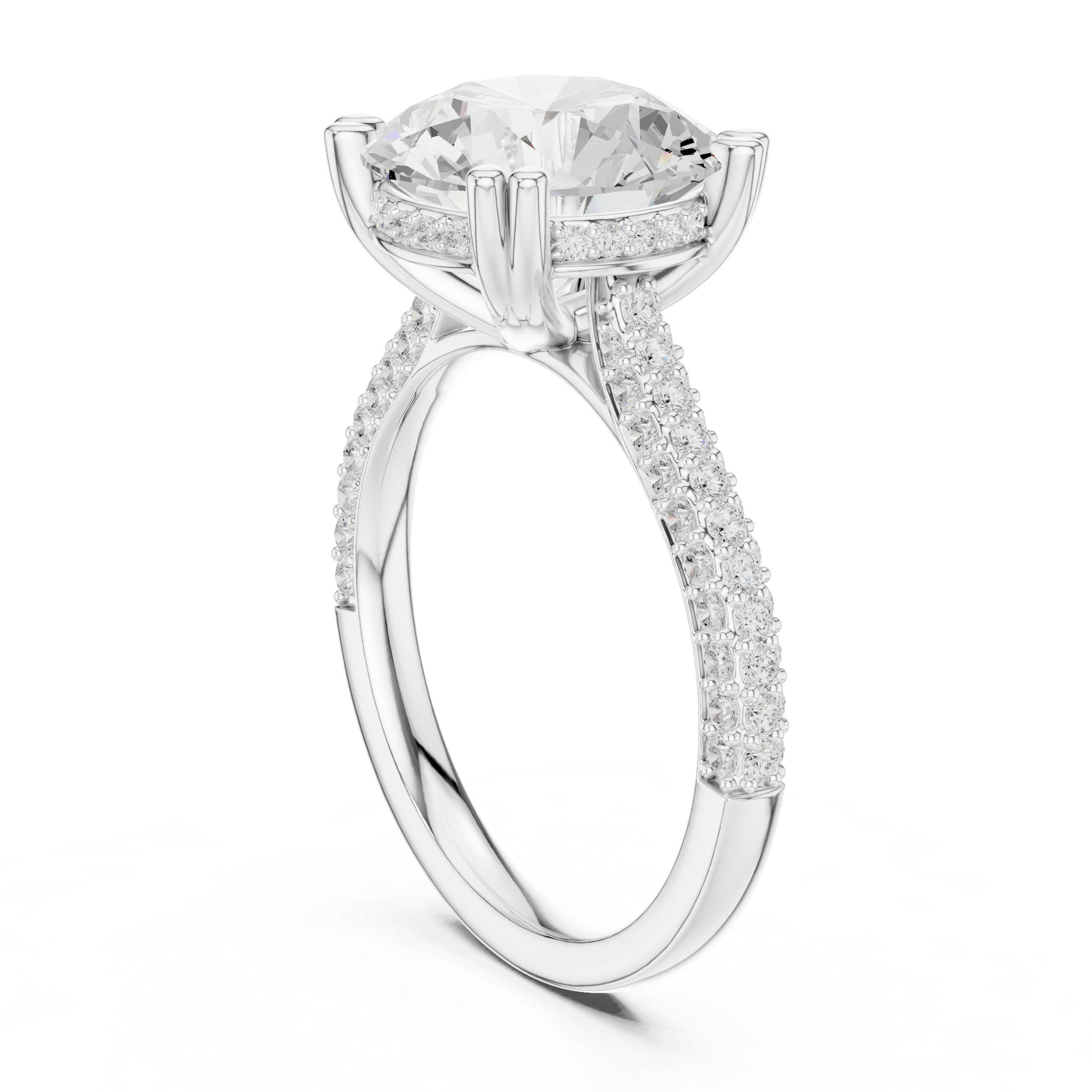 Round Cut Diamond Hidden Halo Triple Row Pave Band Engagement Ring