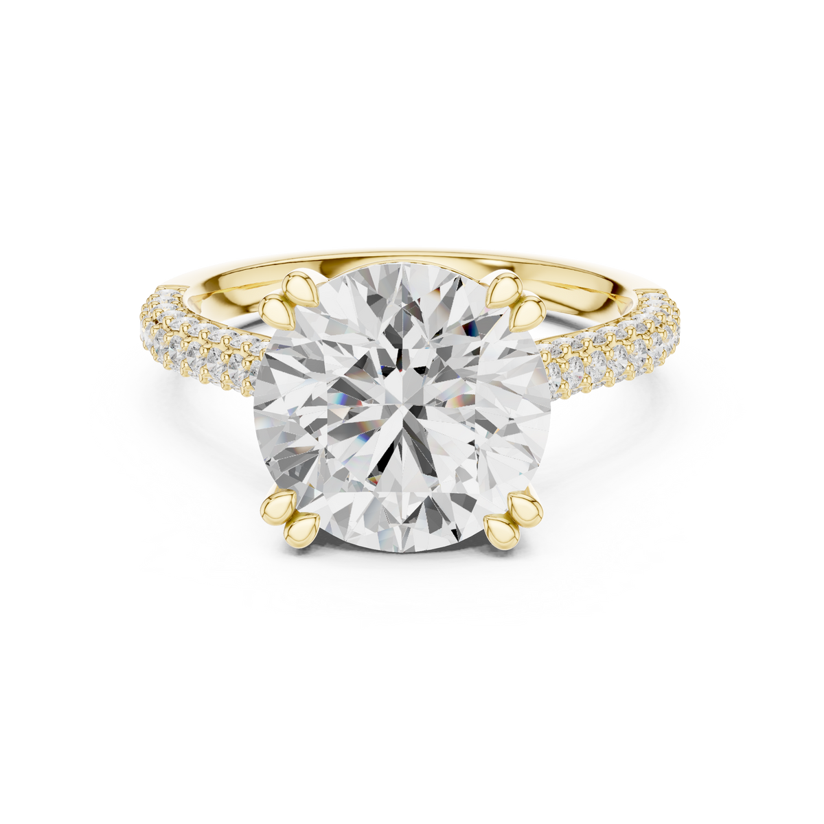 Round Cut Diamond Hidden Halo Triple Row Pave Band Engagement Ring