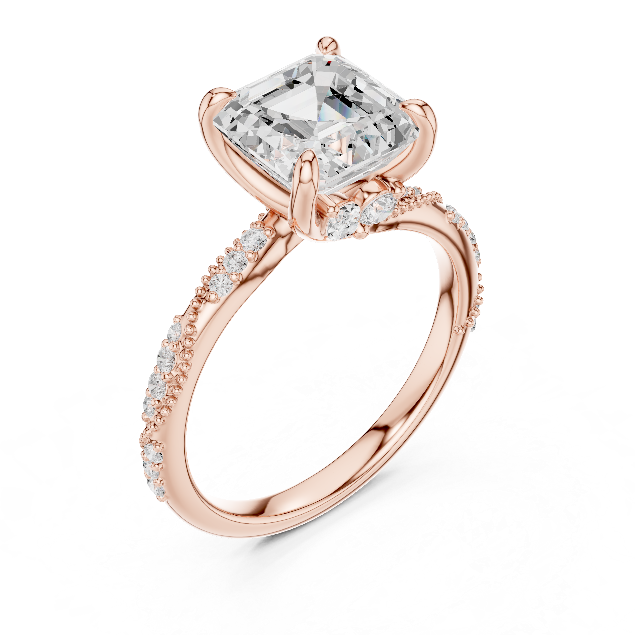 Asscher Cut Diamond with Marquise Hidden Halo and Milgrain Pave Band Ring