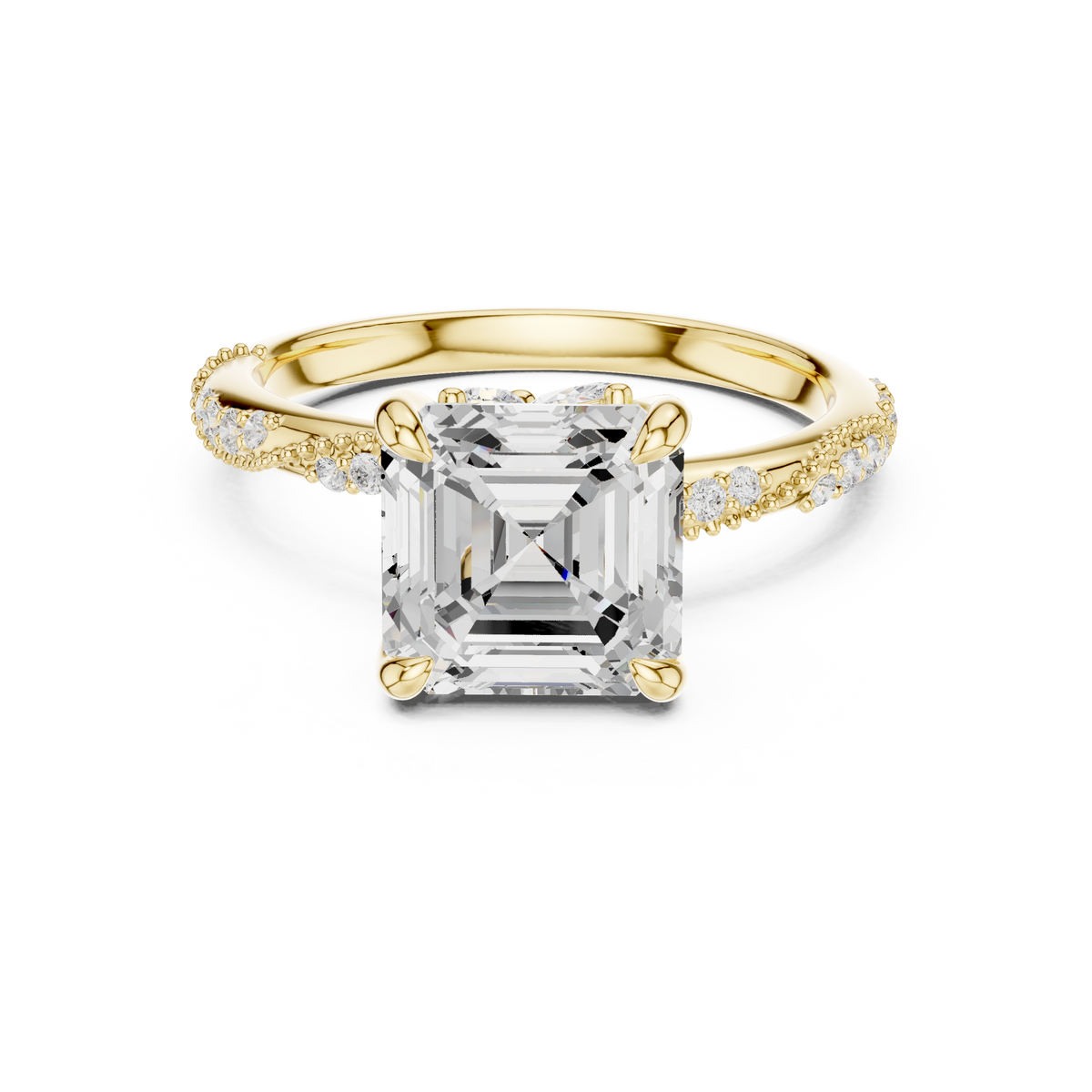 Asscher Cut Diamond with Marquise Hidden Halo and Milgrain Pave Band Ring