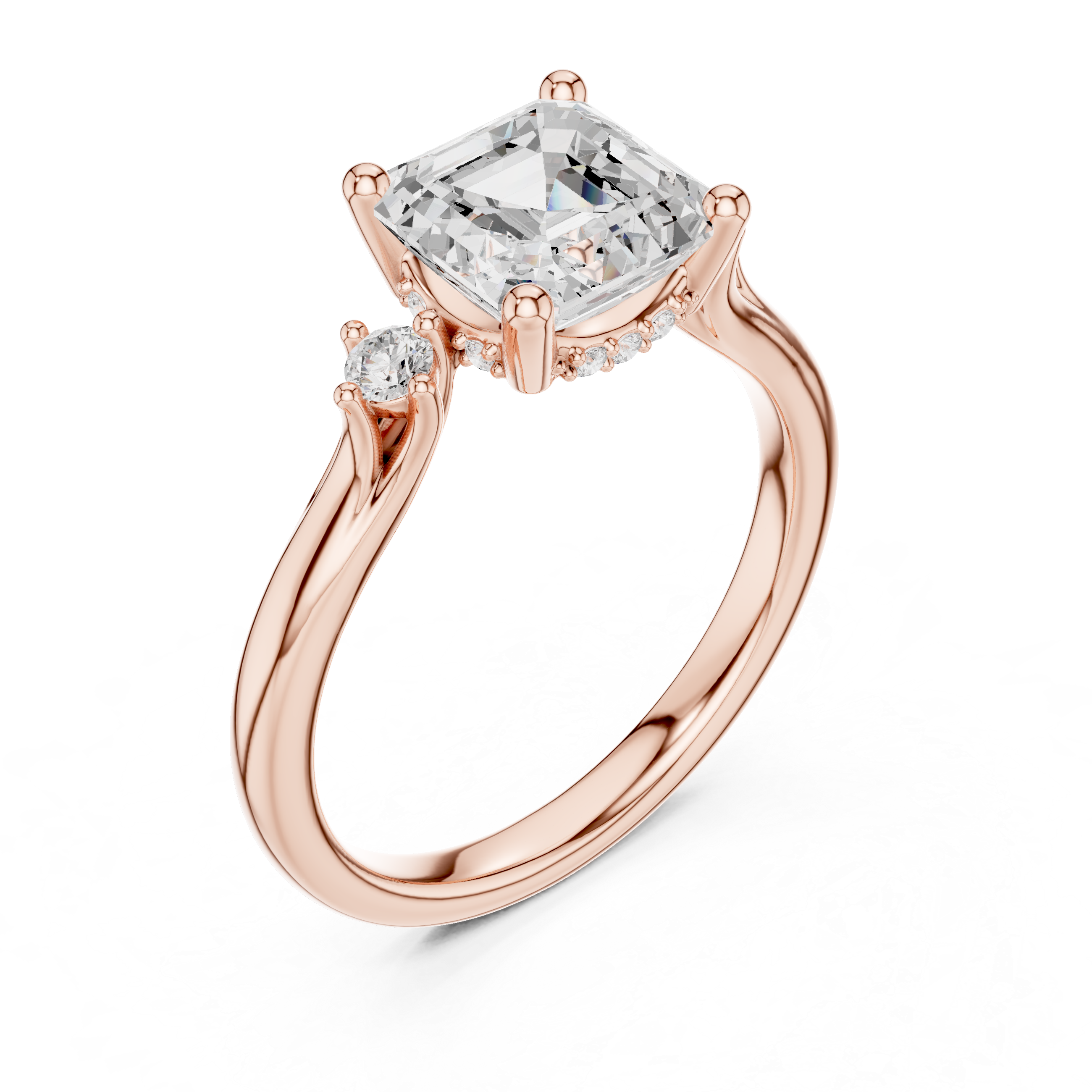 Asscher Cut Three-Stone Ring with Hidden Halo & Cathedral Shank