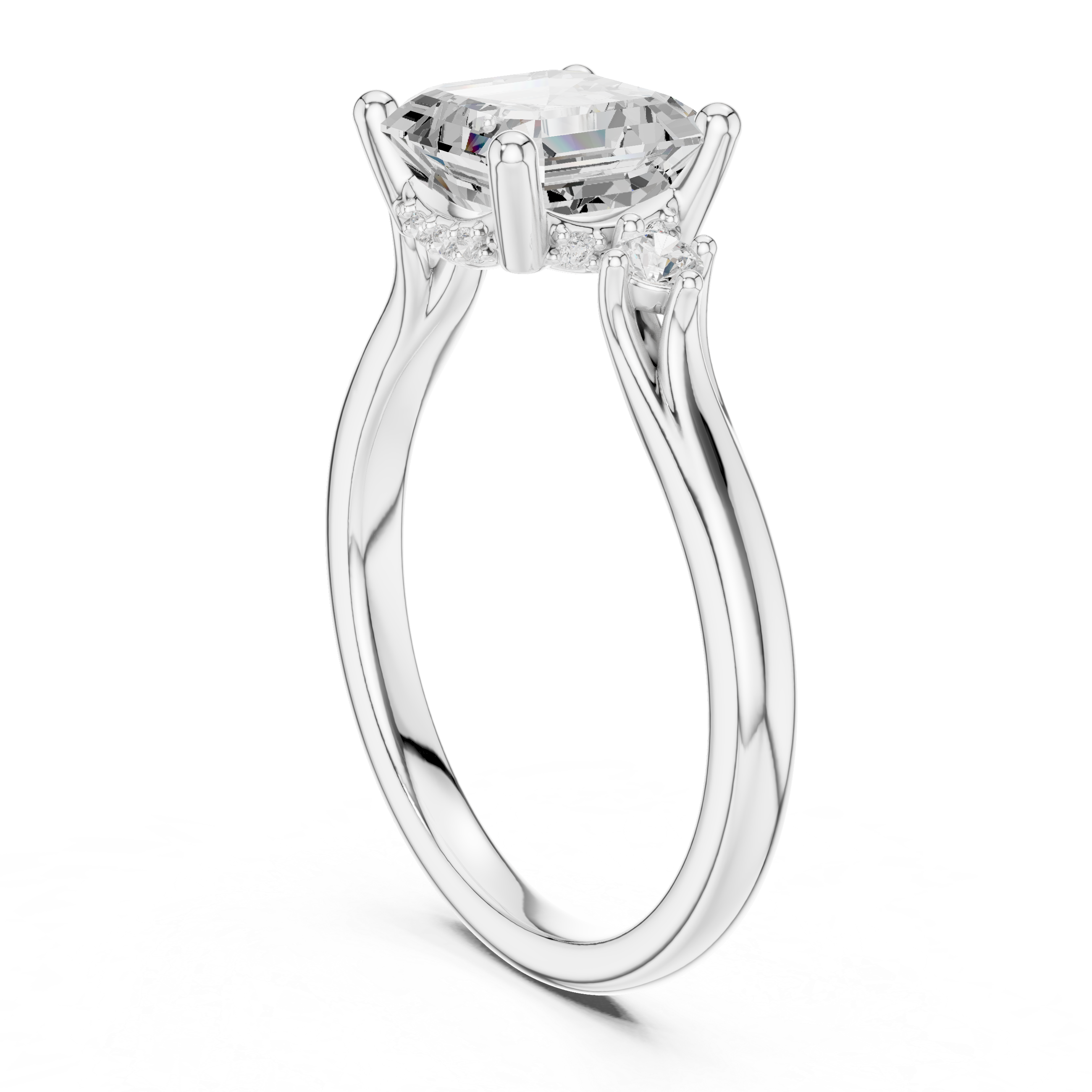 Asscher Cut Three-Stone Ring with Hidden Halo & Cathedral Shank