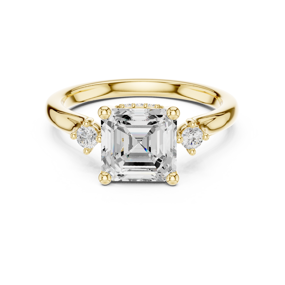 Asscher Cut Three-Stone Ring with Hidden Halo & Cathedral Shank