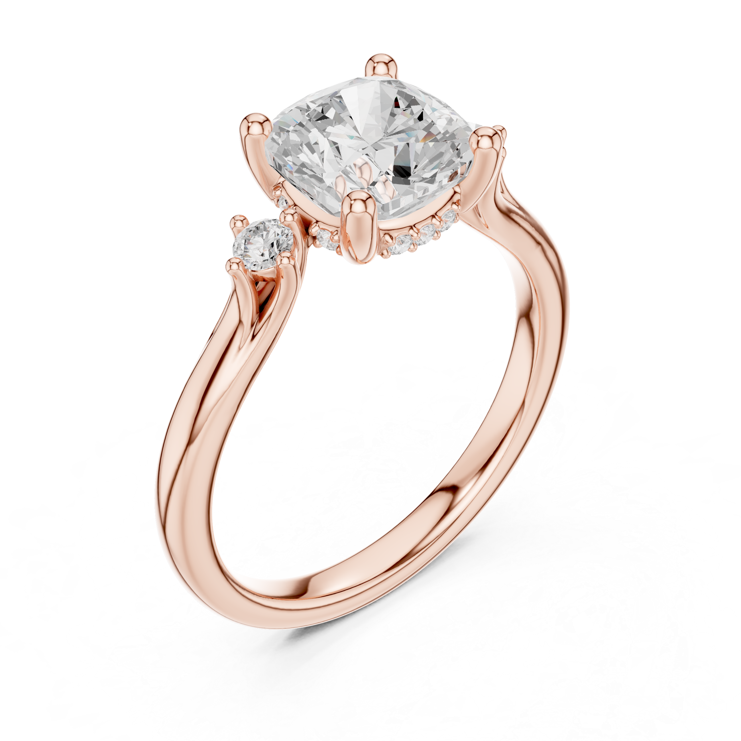 Cushion Cut Three-Stone Ring with Hidden Halo & Cathedral Shank