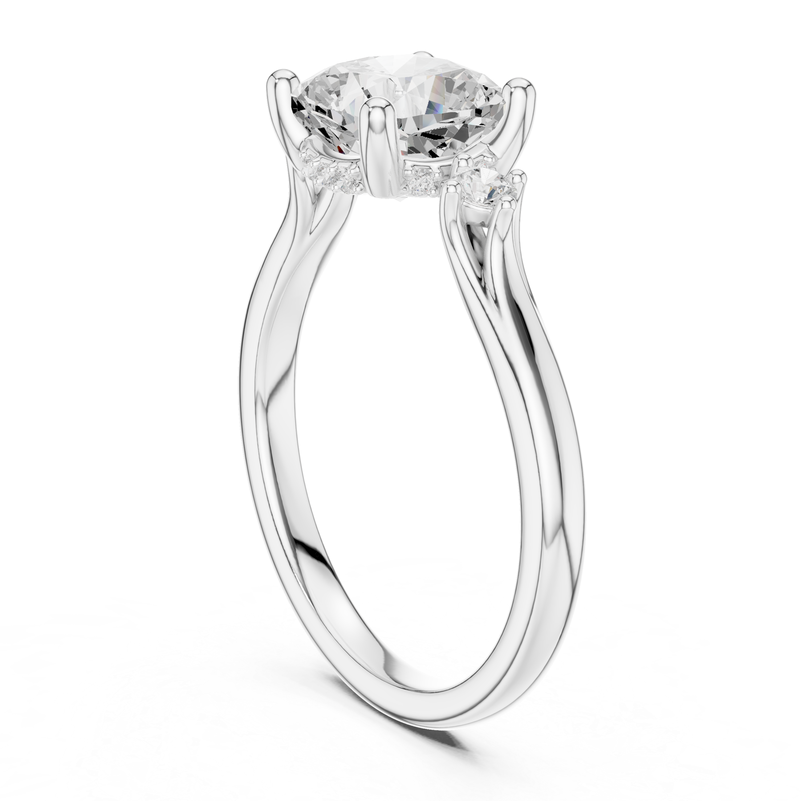 Cushion Cut Three-Stone Ring with Hidden Halo & Cathedral Shank