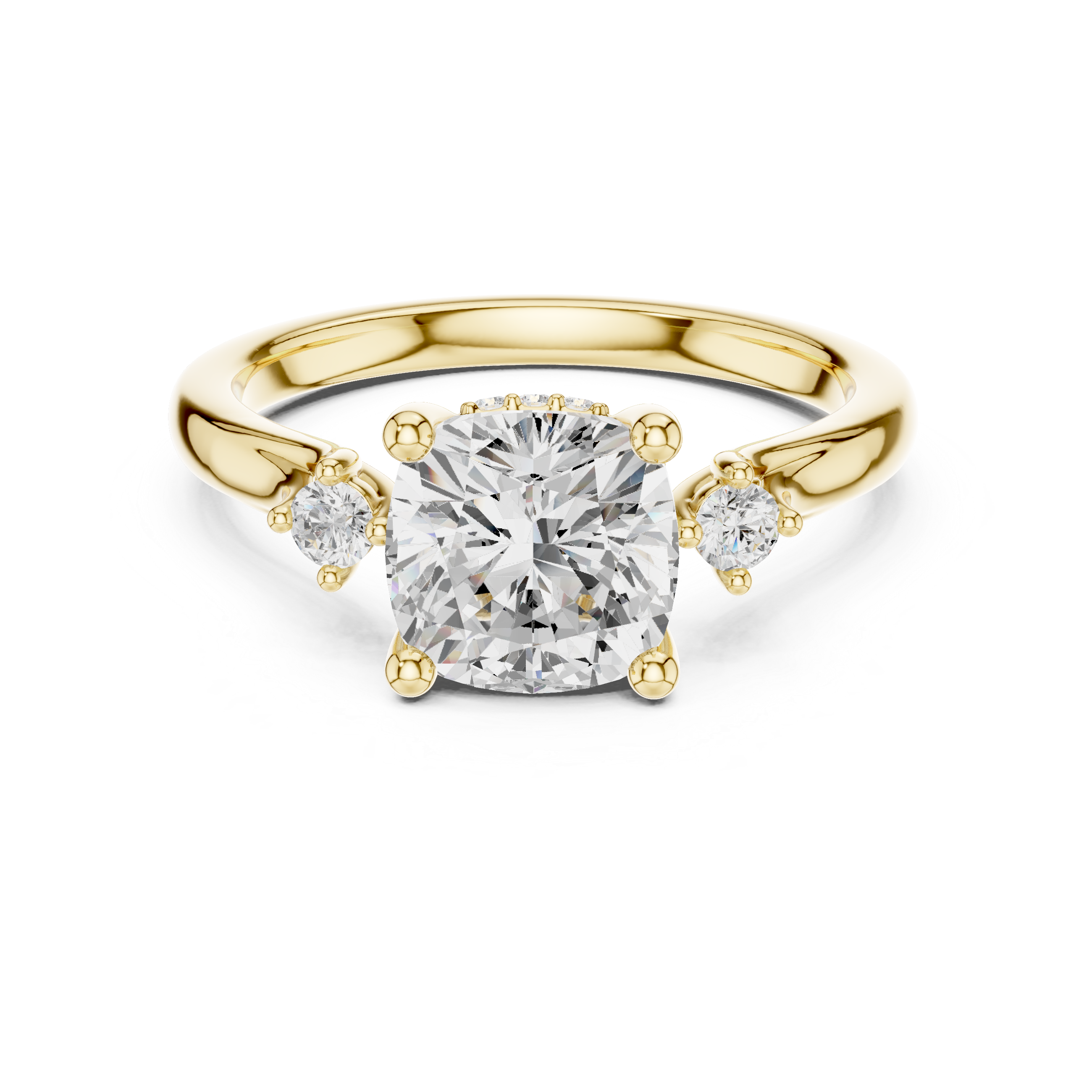 Cushion Cut Three-Stone Ring with Hidden Halo & Cathedral Shank
