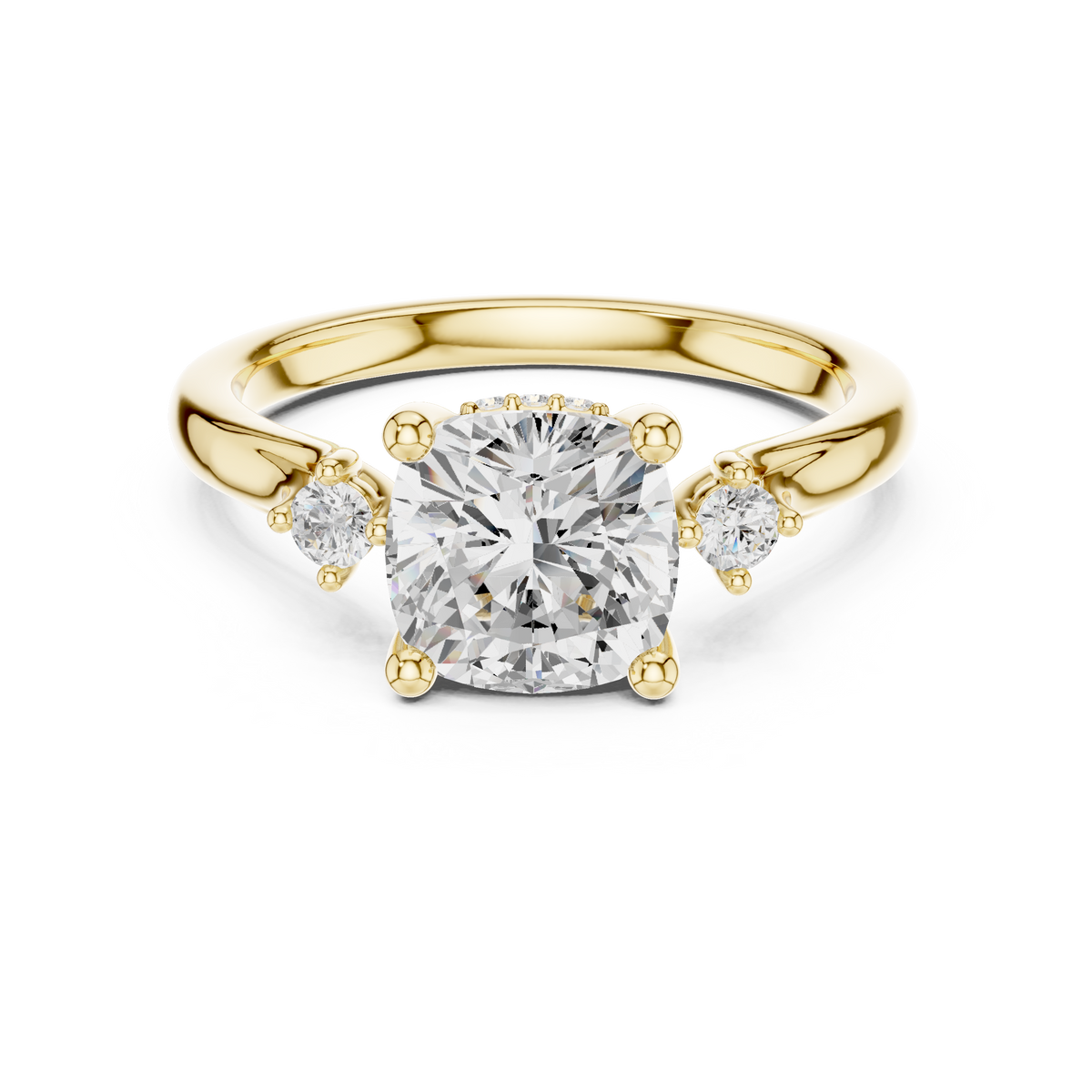 Cushion Cut Three-Stone Ring with Hidden Halo & Cathedral Shank