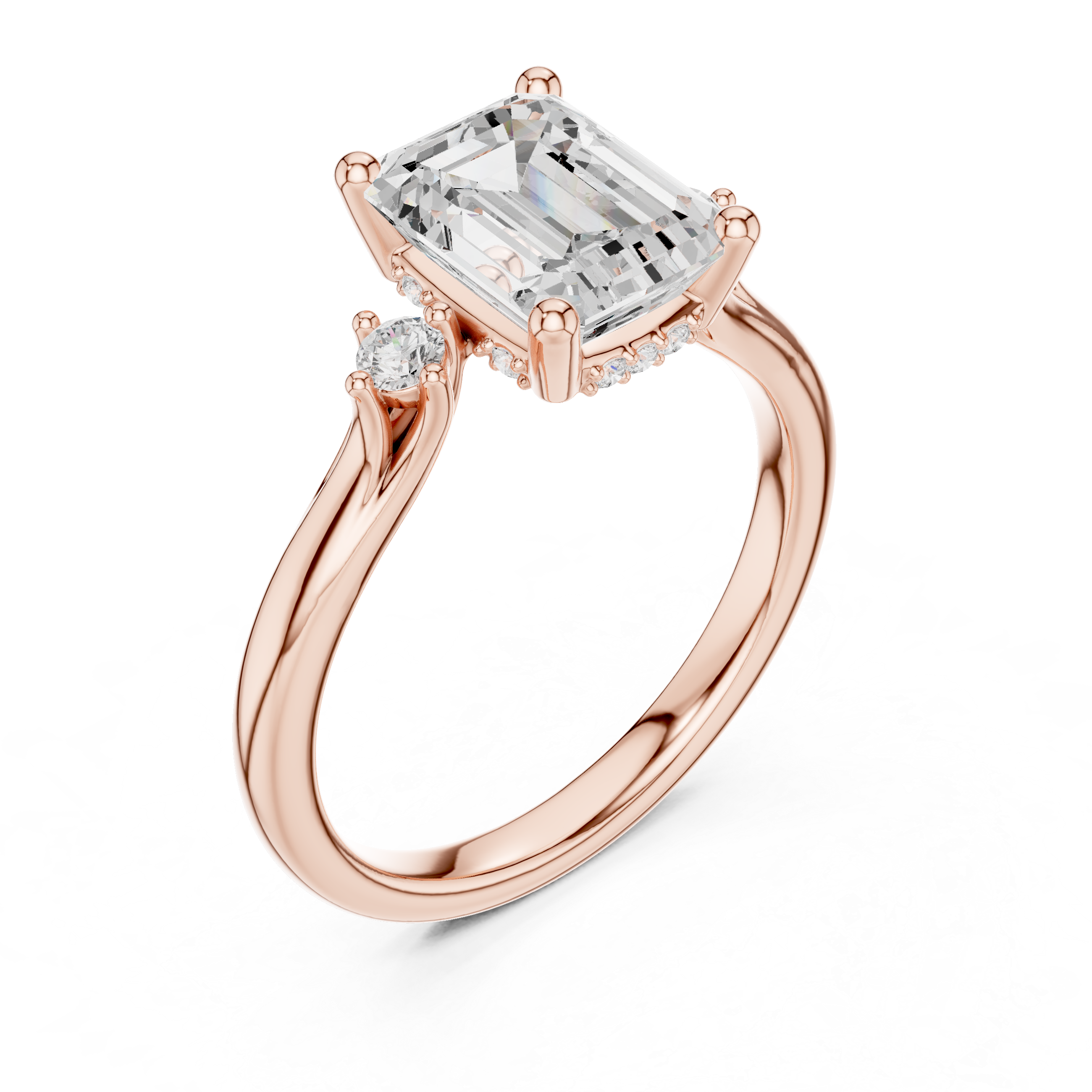 Emerald Cut Three-Stone Ring with Hidden Halo & Cathedral Shank