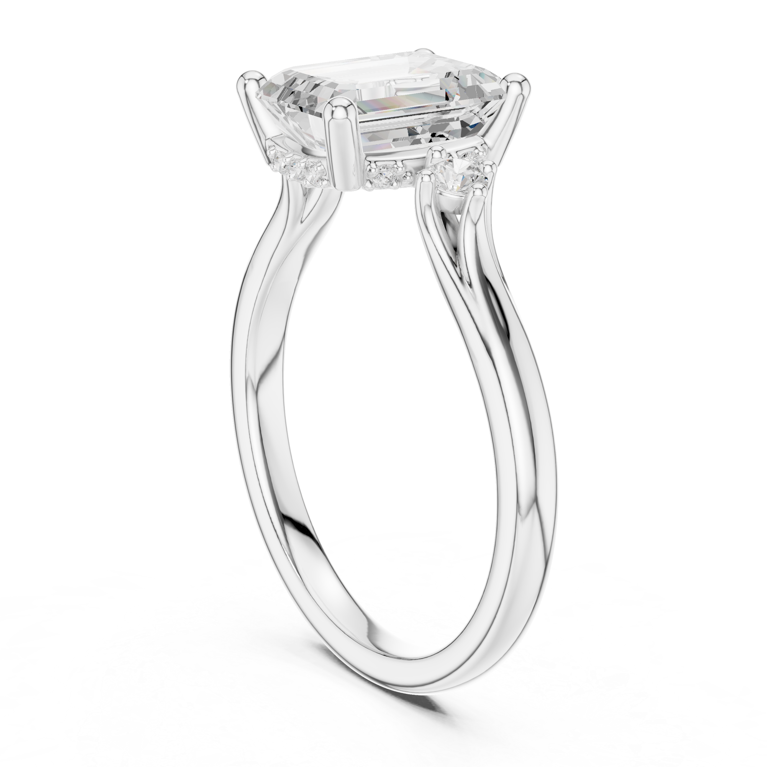 Emerald Cut Three-Stone Ring with Hidden Halo & Cathedral Shank