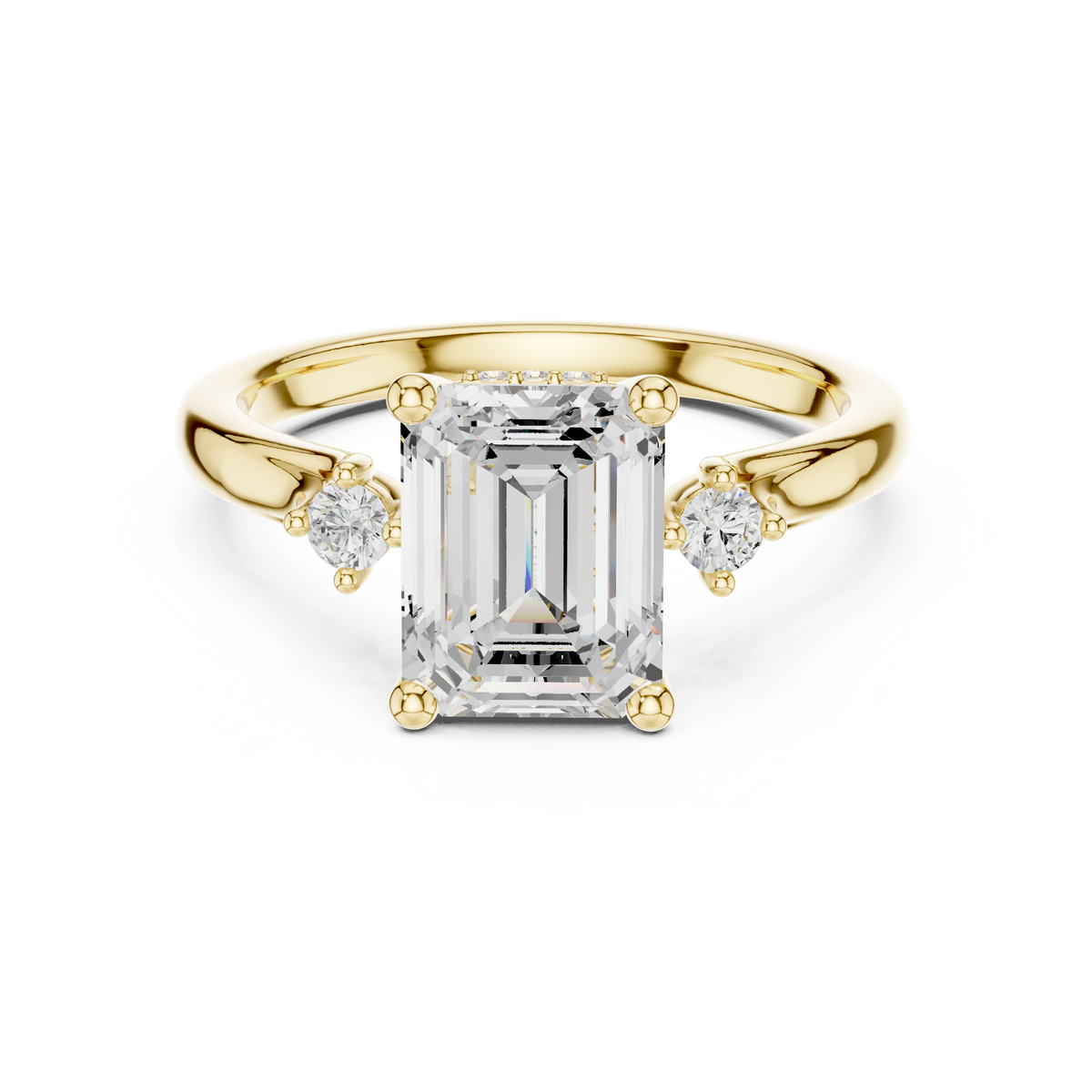 Emerald Cut Three-Stone Ring with Hidden Halo & Cathedral Shank