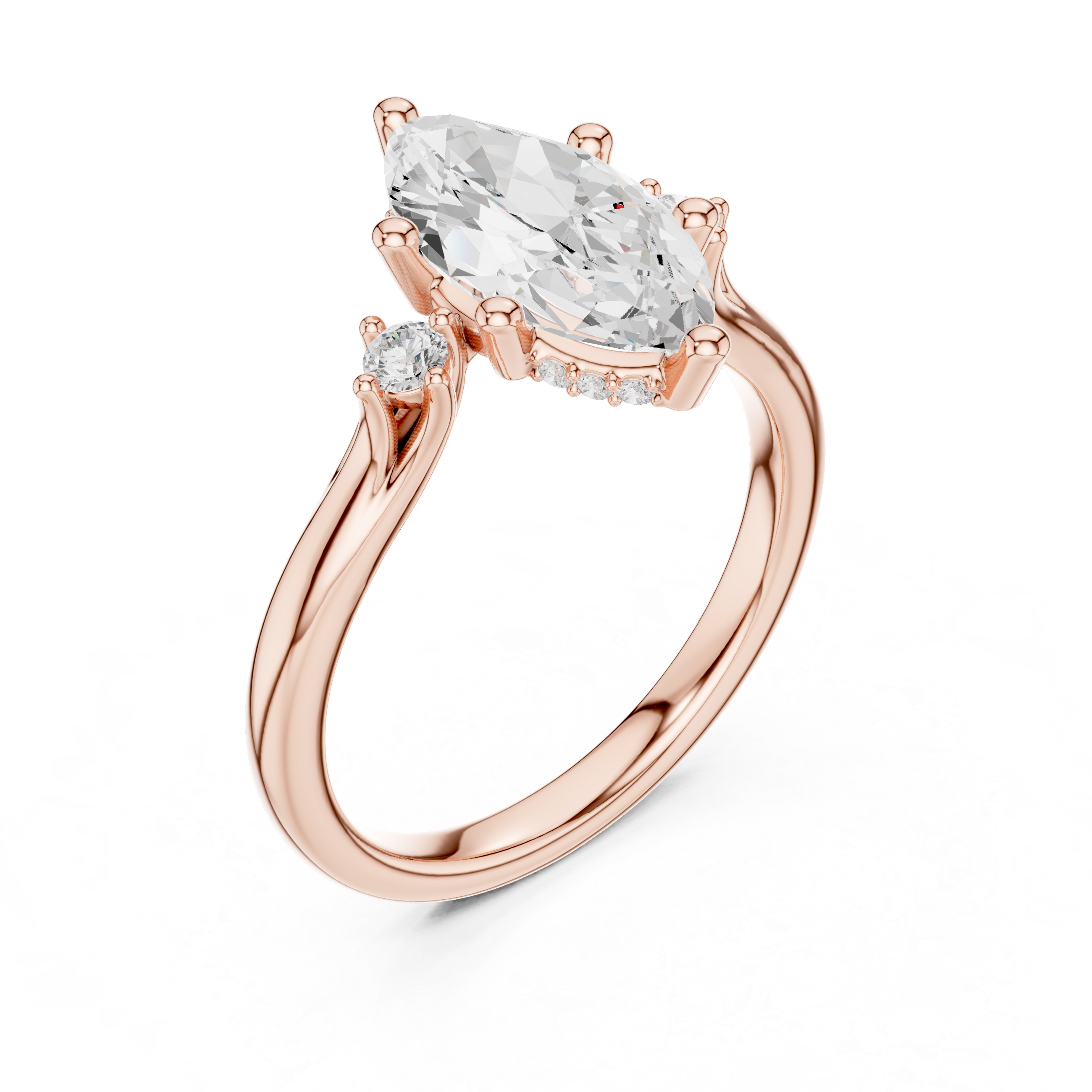 Marquise Cut Three-Stone Ring with Hidden Halo & Cathedral Shank