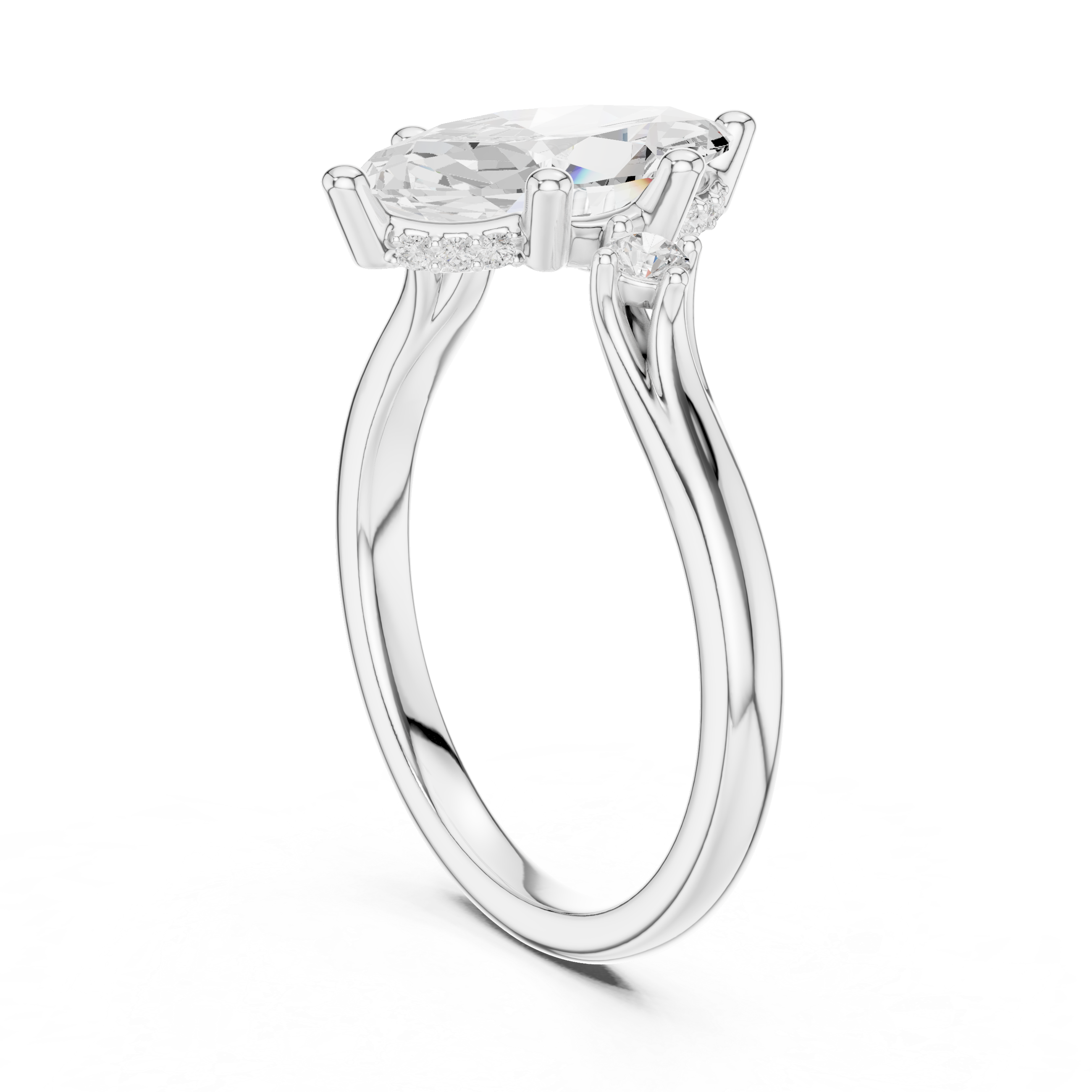 Marquise Cut Three-Stone Ring with Hidden Halo & Cathedral Shank