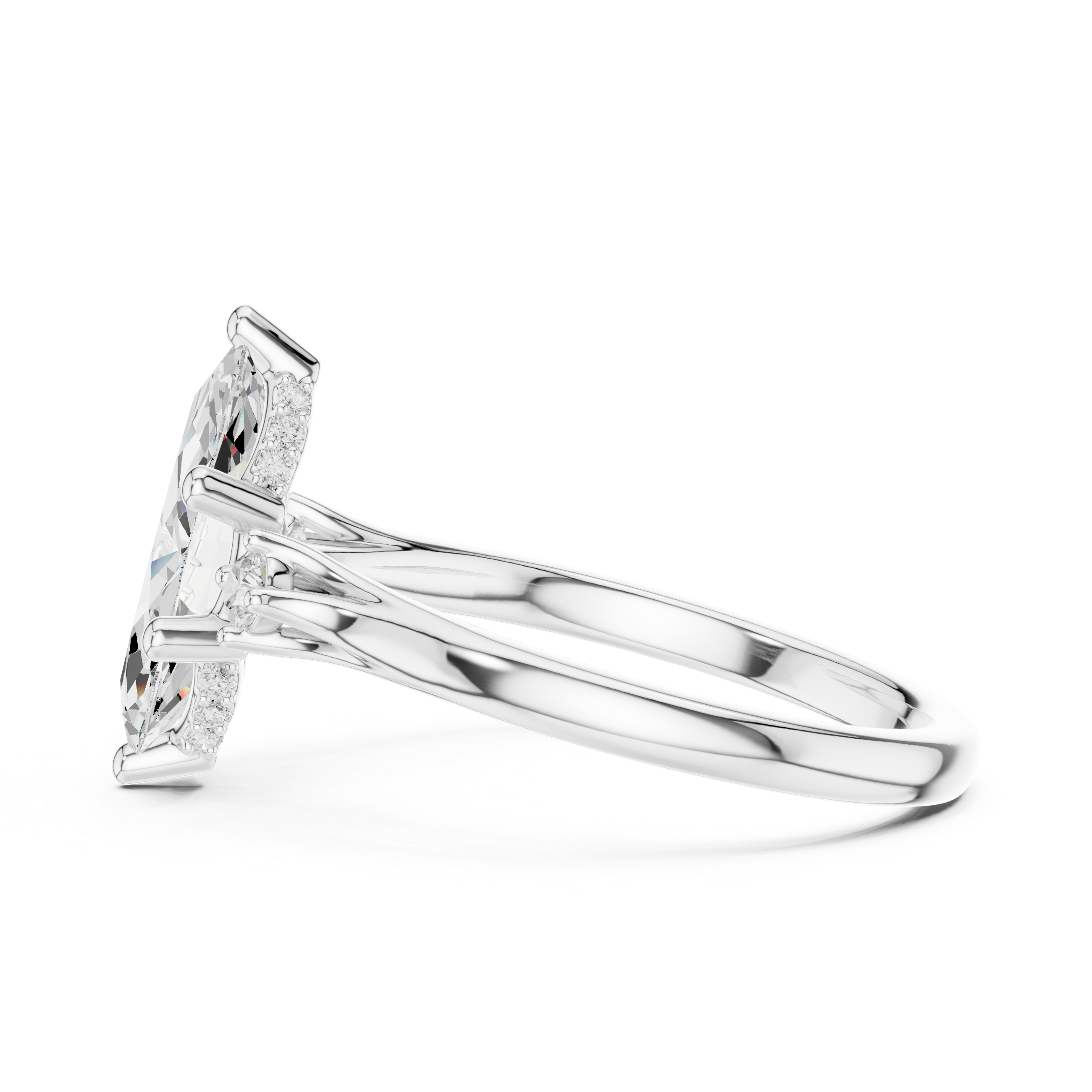 Marquise Cut Three-Stone Ring with Hidden Halo & Cathedral Shank
