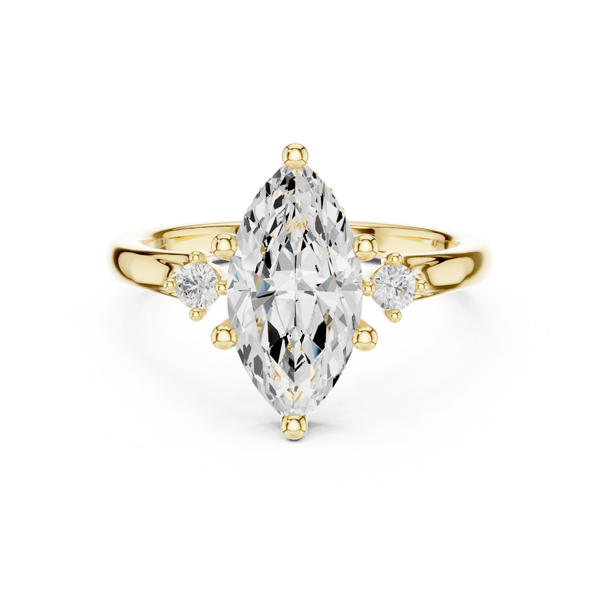Marquise Cut Three-Stone Ring with Hidden Halo & Cathedral Shank