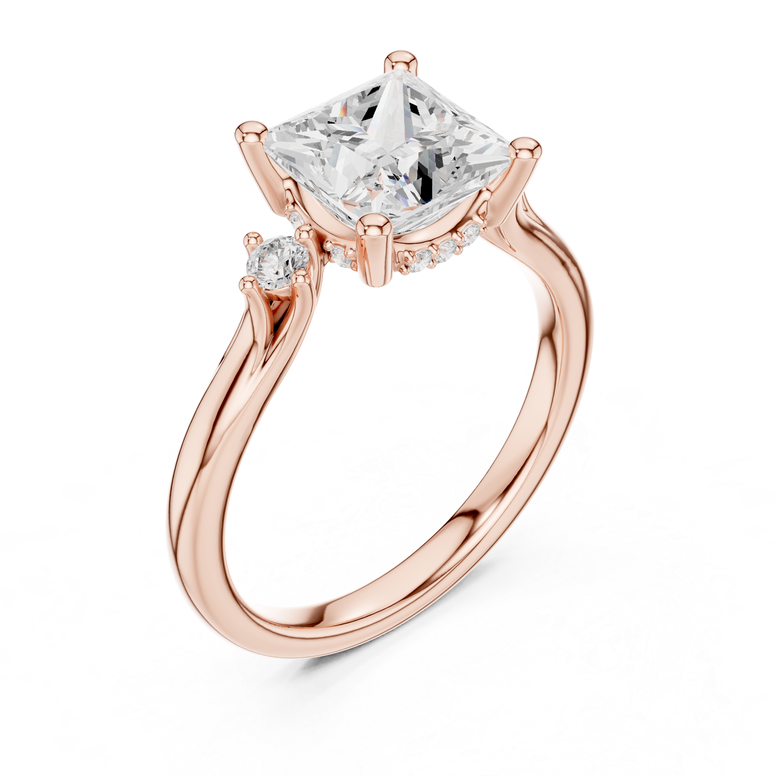 Princess Cut Three-Stone Ring with Hidden Halo & Cathedral Shank