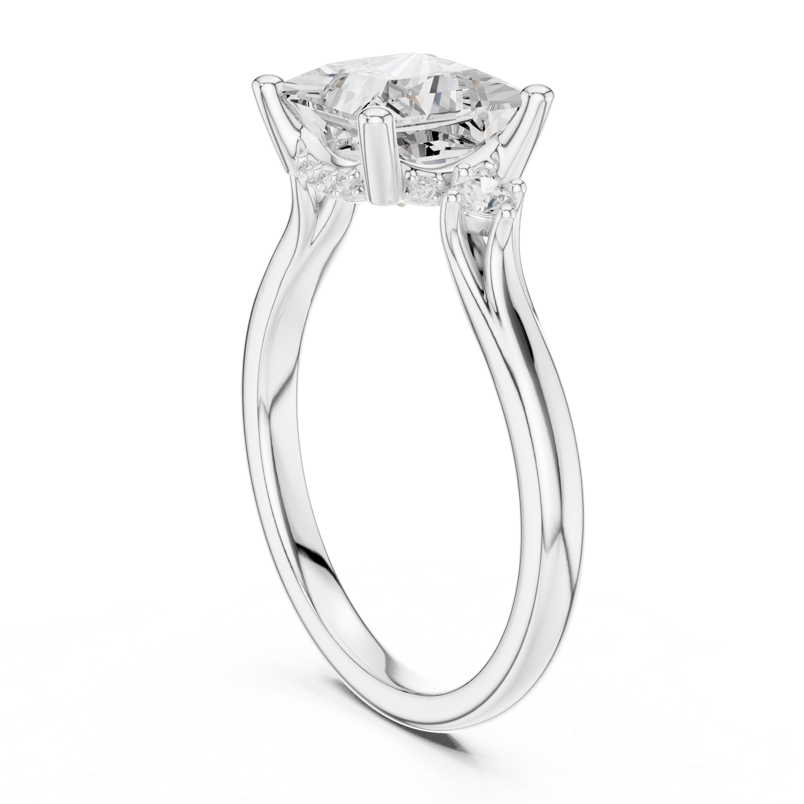 Princess Cut Three-Stone Ring with Hidden Halo & Cathedral Shank