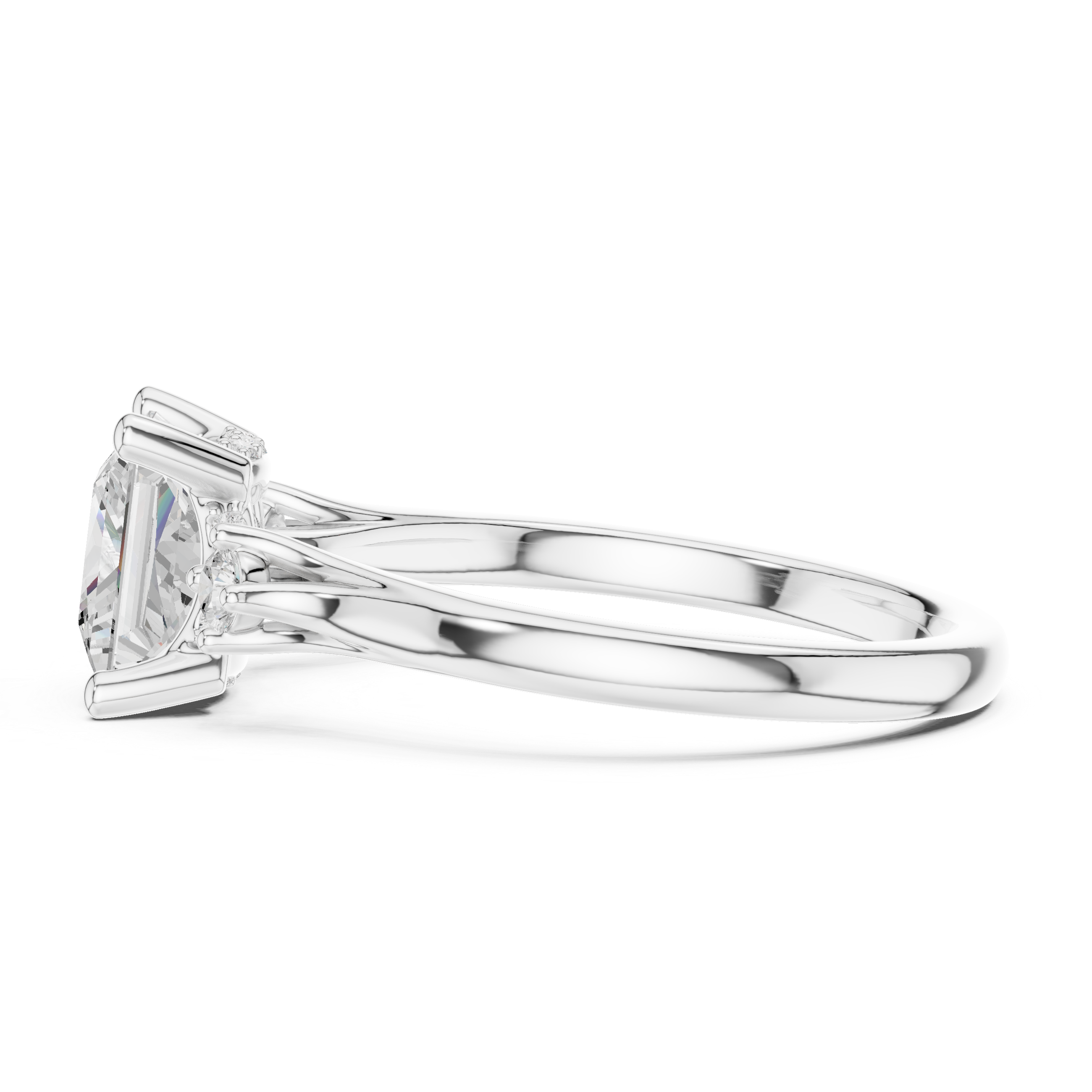 Princess Cut Three-Stone Ring with Hidden Halo & Cathedral Shank