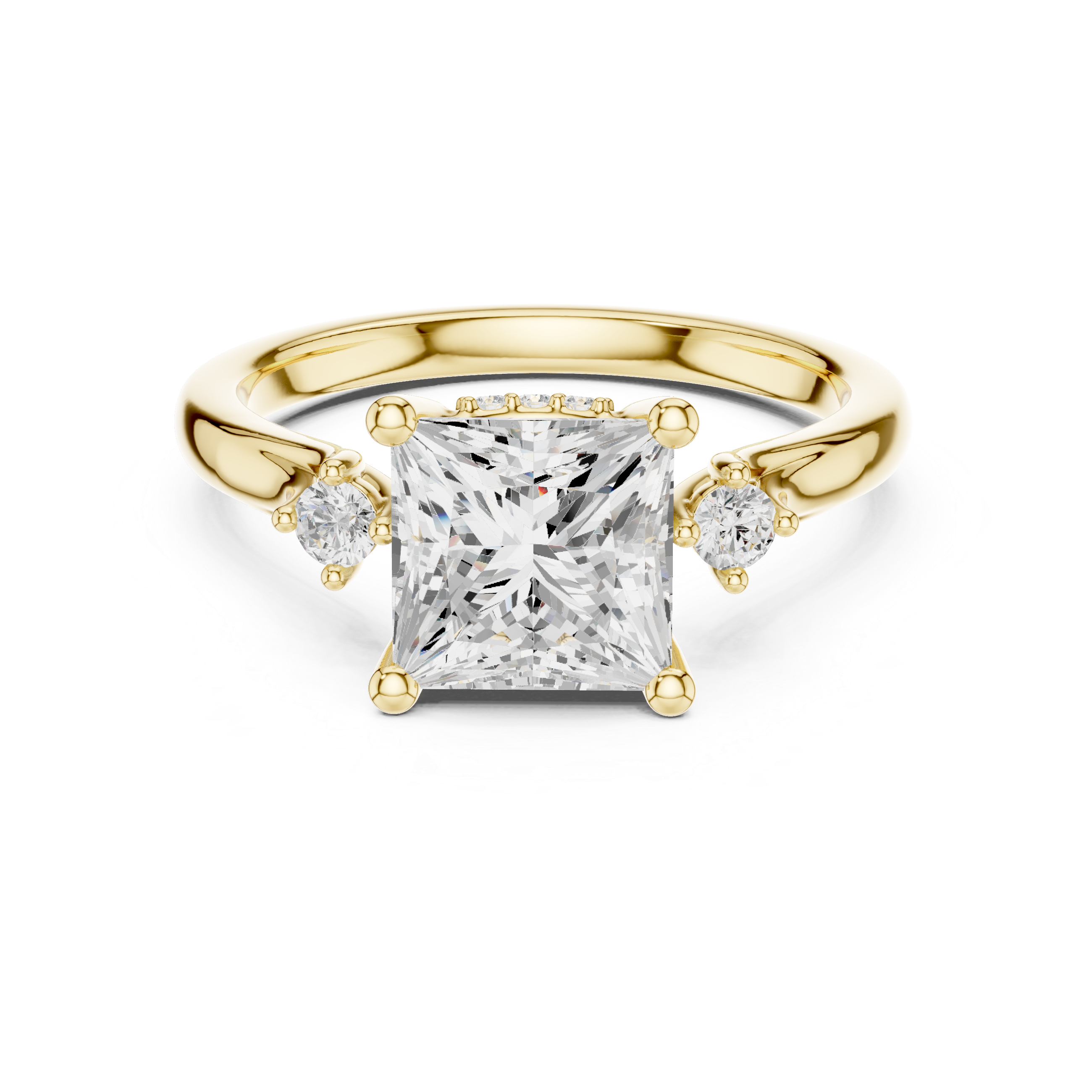 Princess Cut Three-Stone Ring with Hidden Halo & Cathedral Shank