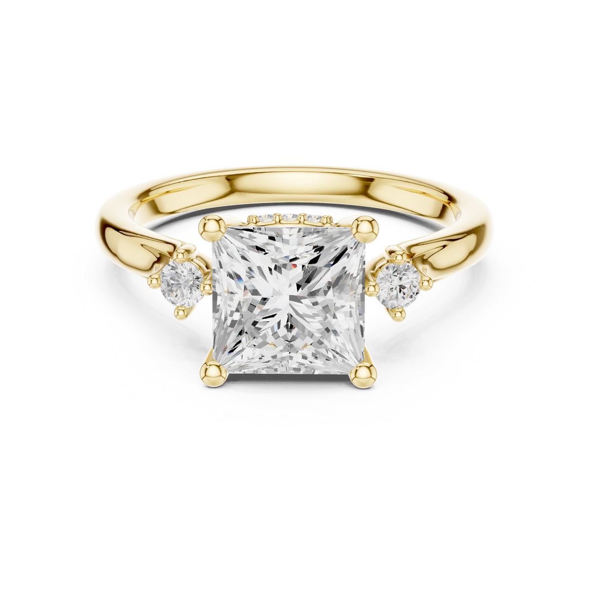Princess Cut Three-Stone Ring with Hidden Halo & Cathedral Shank