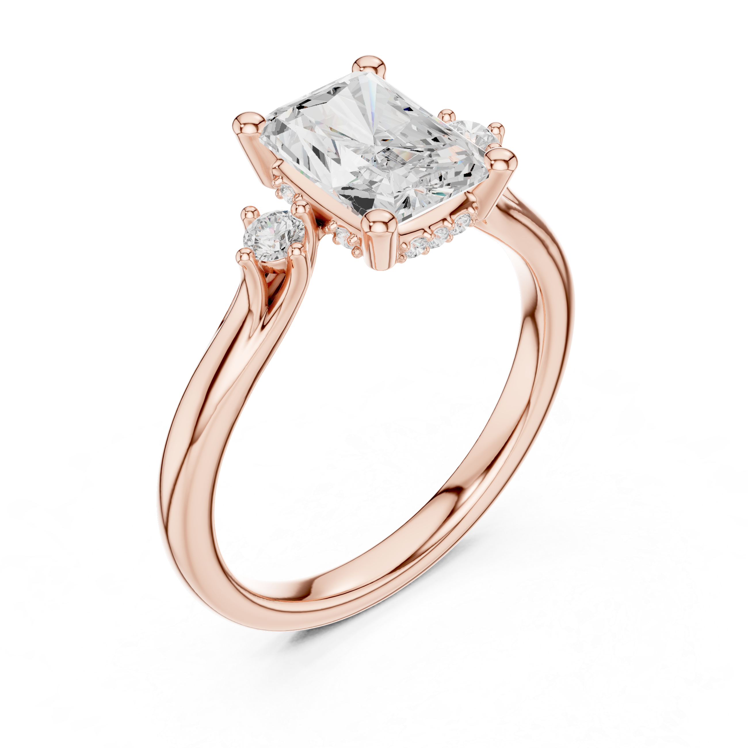 Radiant Cut Three-Stone Ring with Hidden Halo & Cathedral Shank