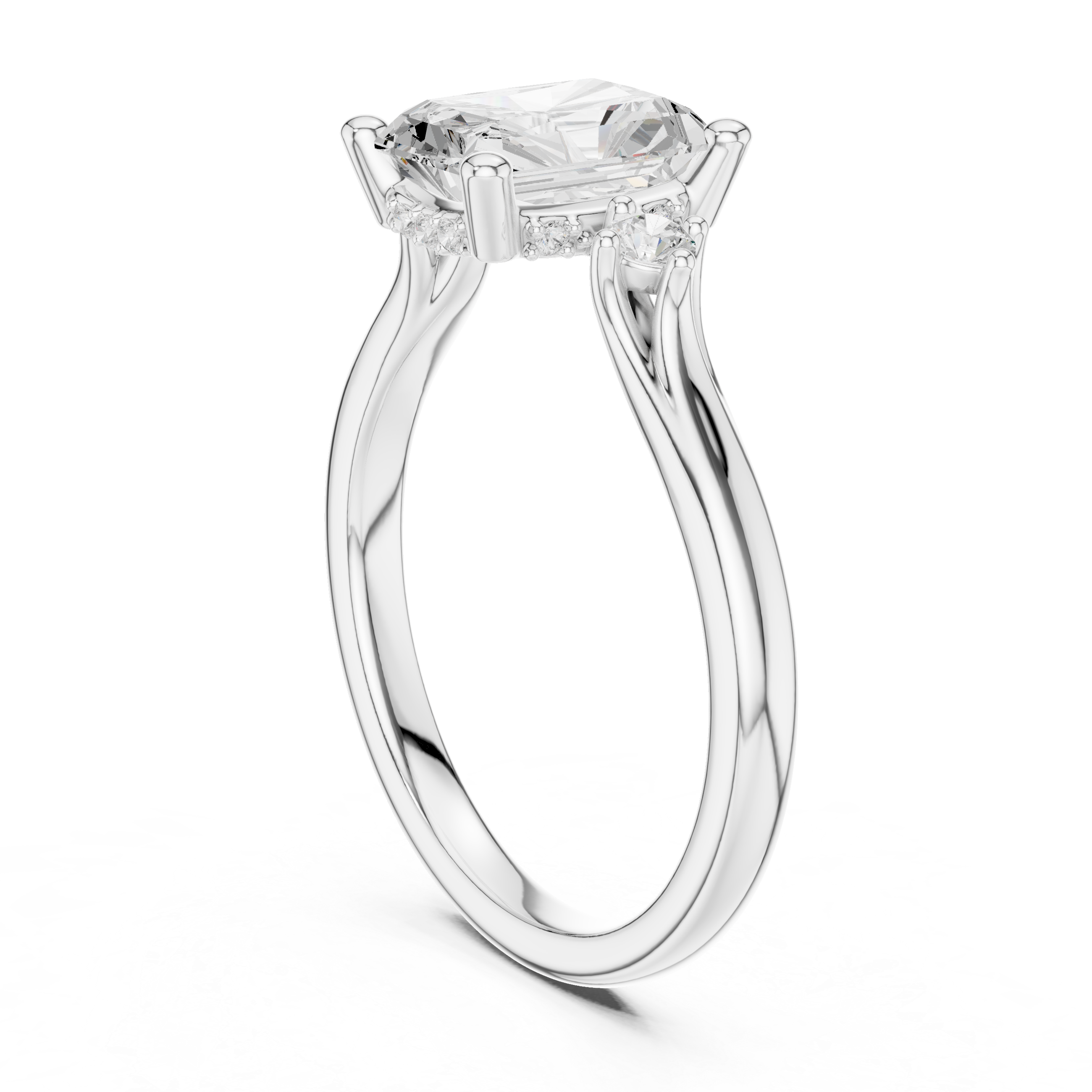 Radiant Cut Three-Stone Ring with Hidden Halo & Cathedral Shank
