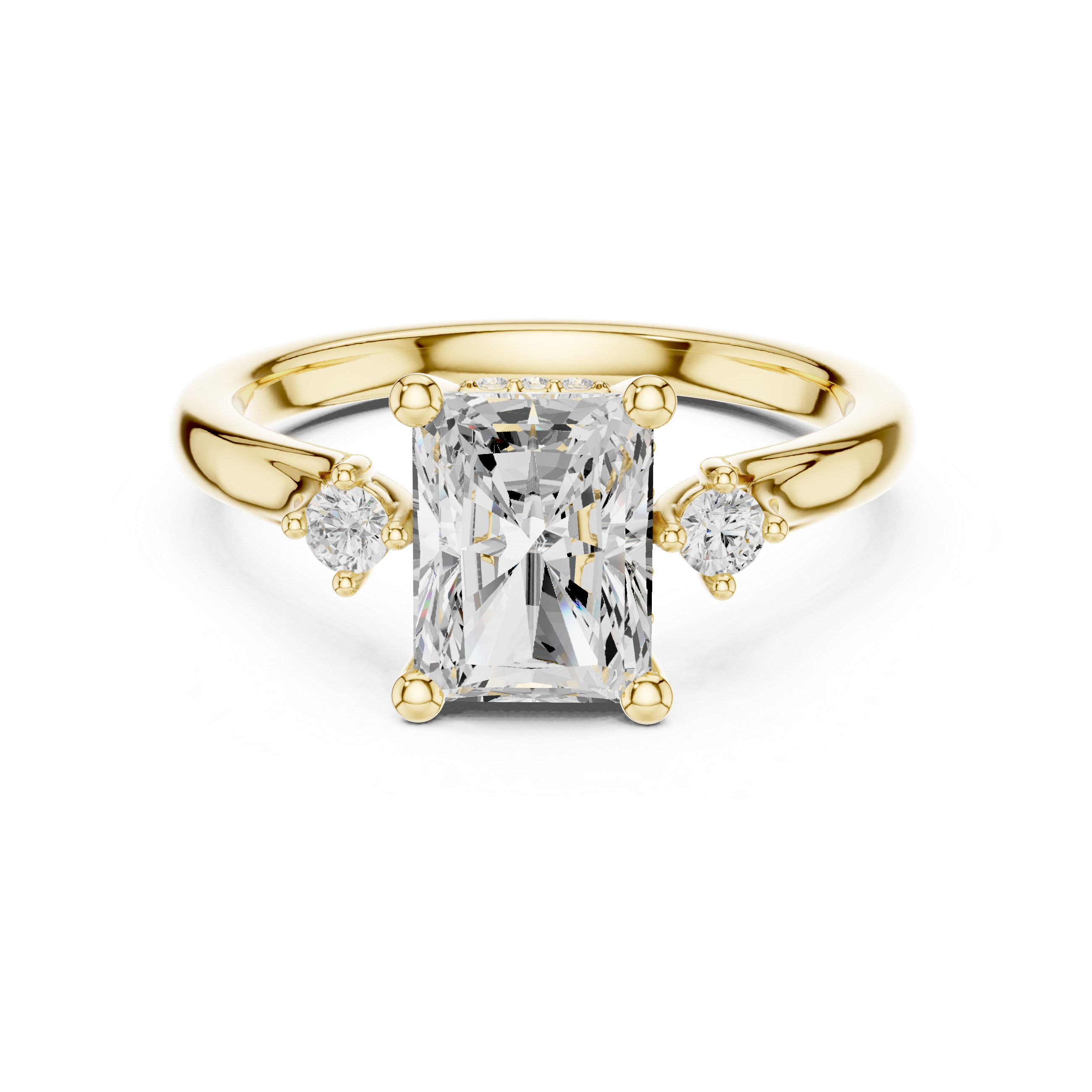 Radiant Cut Three-Stone Ring with Hidden Halo & Cathedral Shank