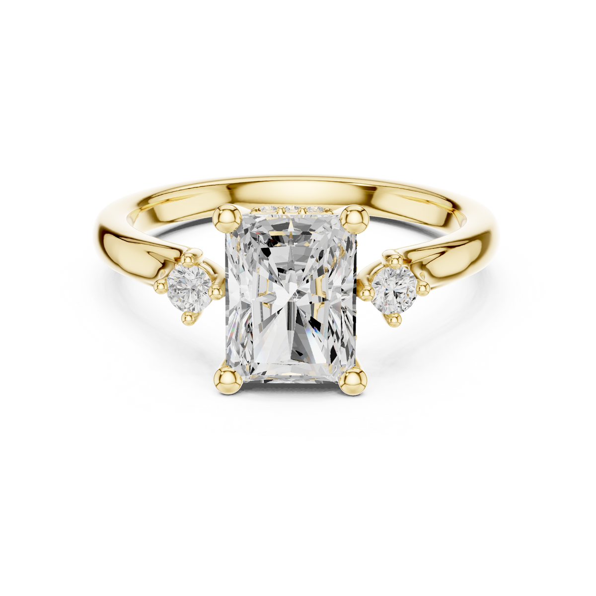 Radiant Cut Three-Stone Ring with Hidden Halo & Cathedral Shank