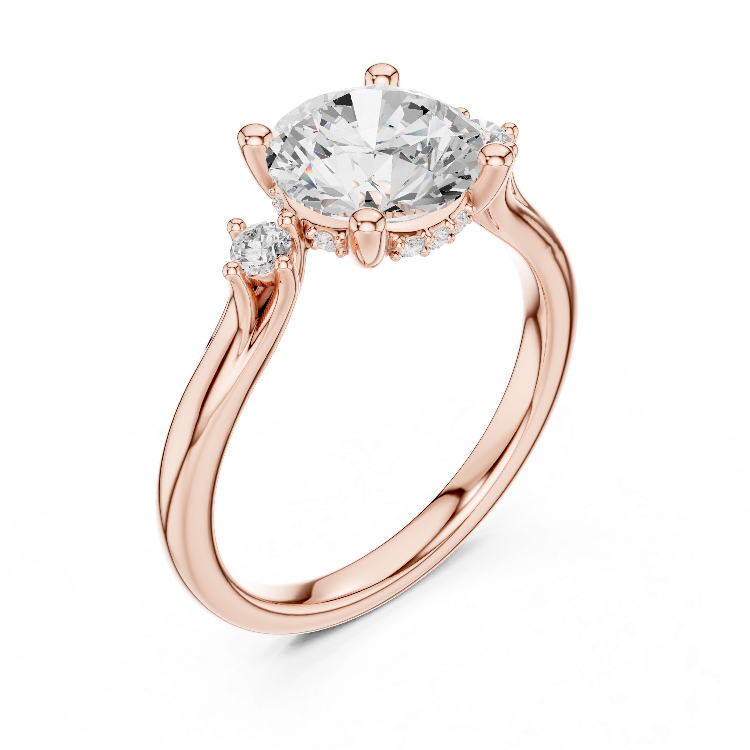 Round Cut Three-Stone Ring with Hidden Halo & Cathedral Shank