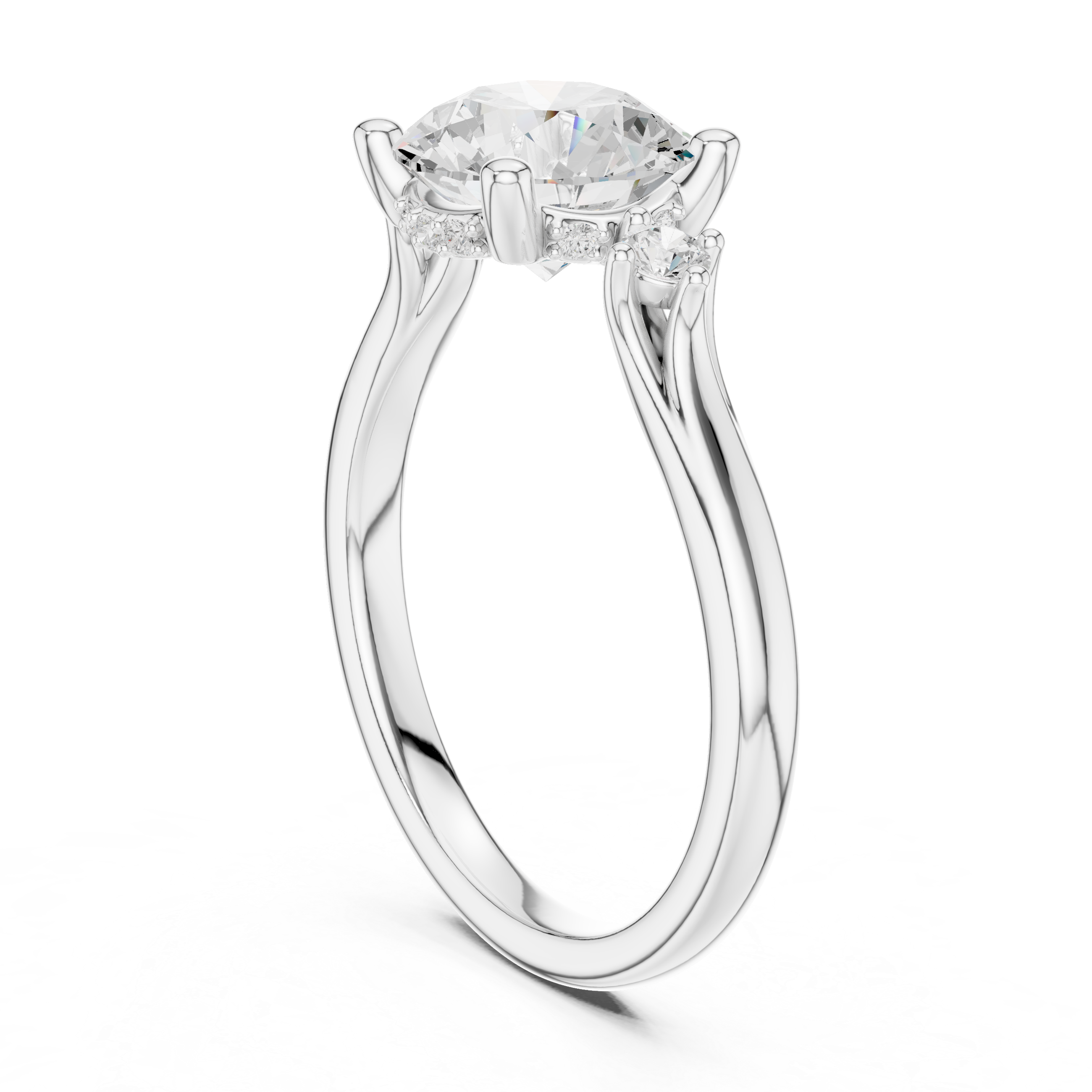 Round Cut Three-Stone Ring with Hidden Halo & Cathedral Shank