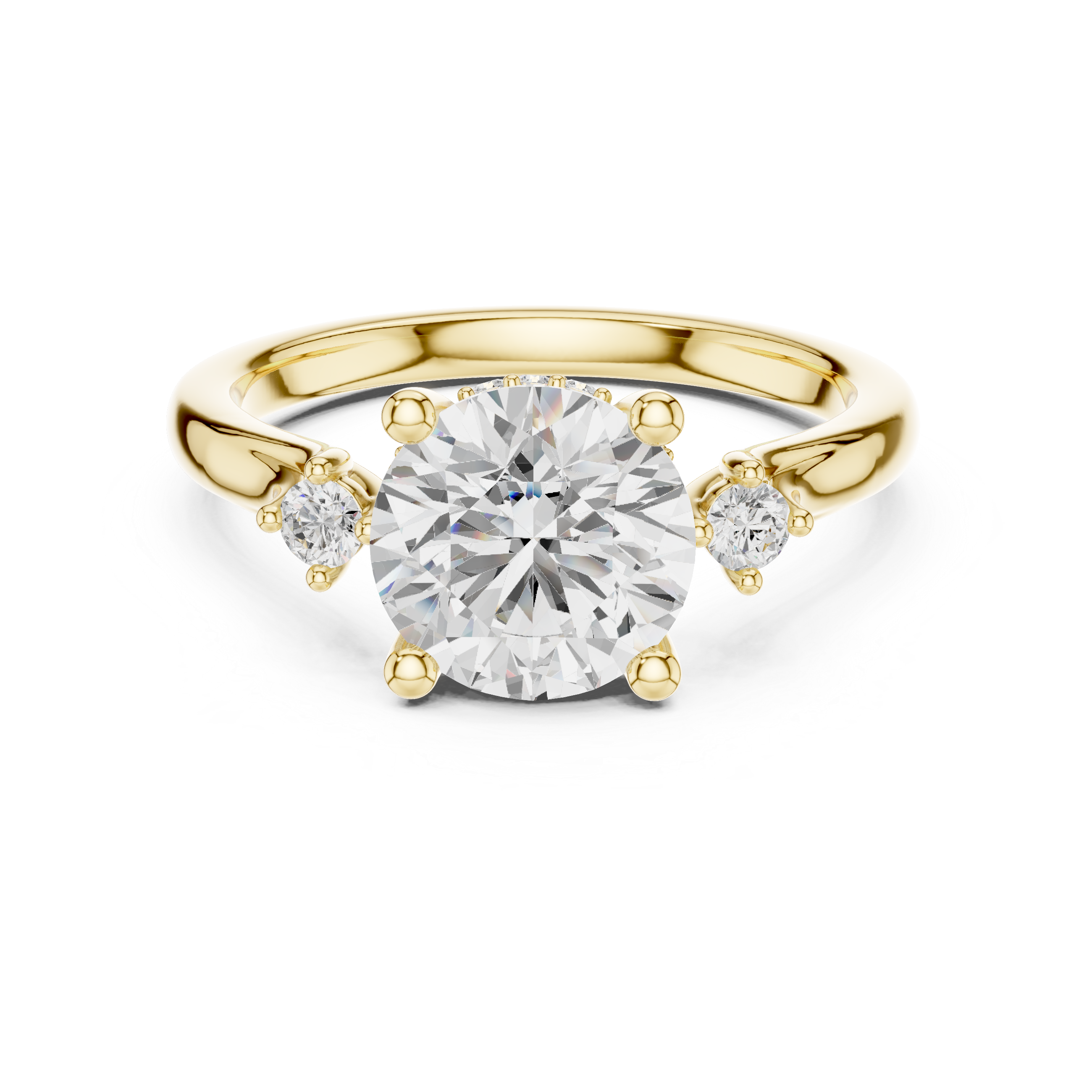 Round Cut Three-Stone Ring with Hidden Halo & Cathedral Shank