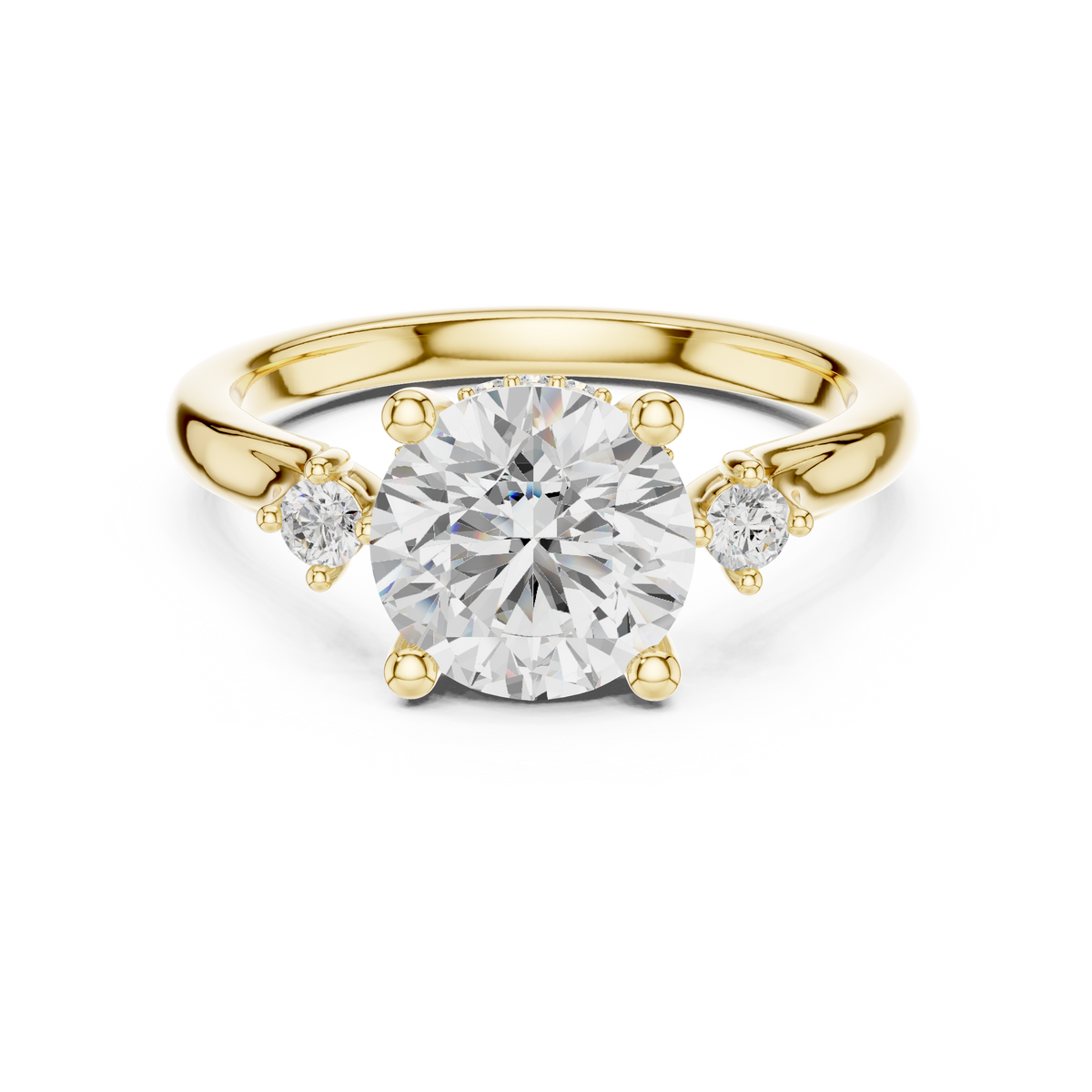 Round Cut Three-Stone Ring with Hidden Halo & Cathedral Shank