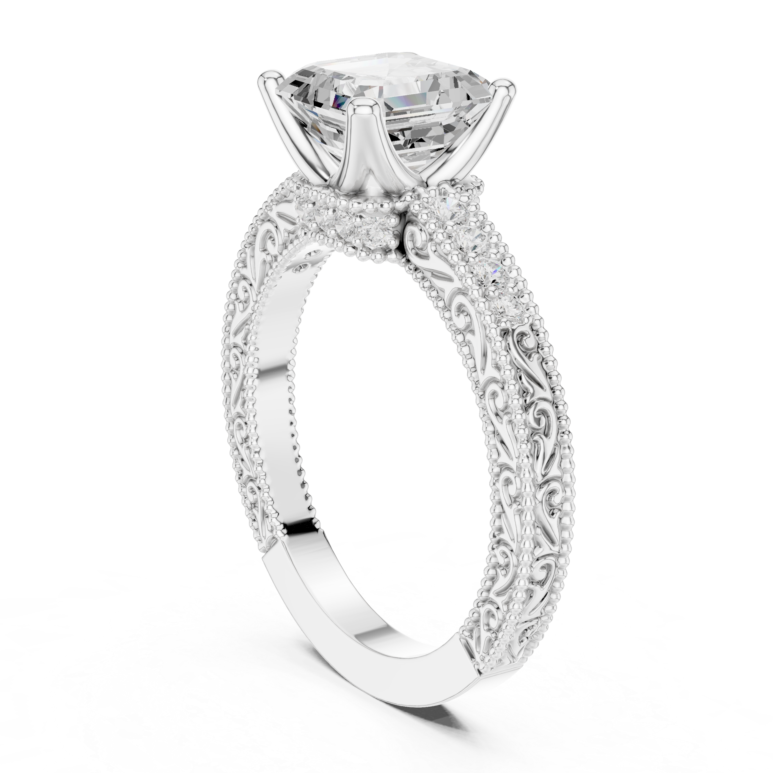 Asscher Cut Filigree with Milgrain Pave Band Engagement Ring