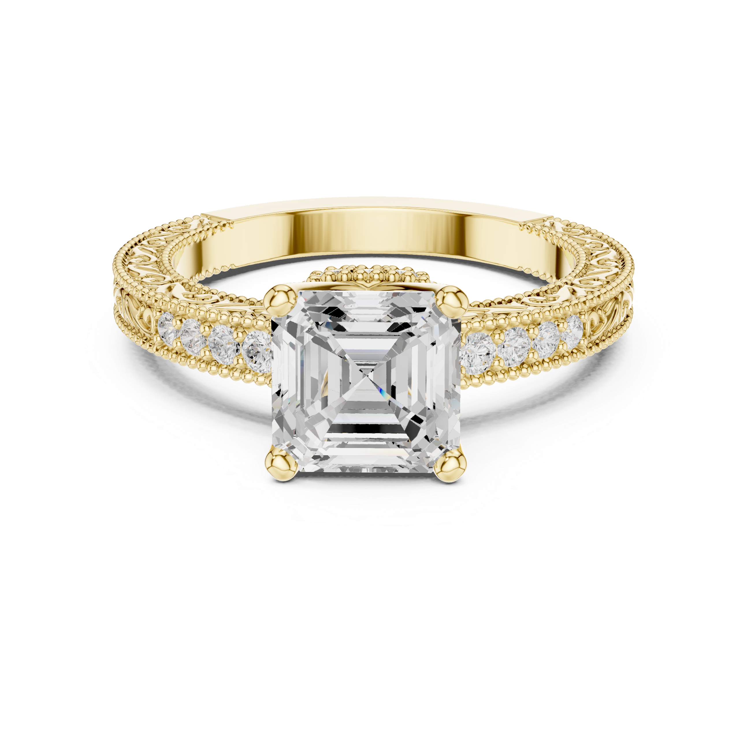 Asscher Cut Filigree with Milgrain Pave Band Engagement Ring