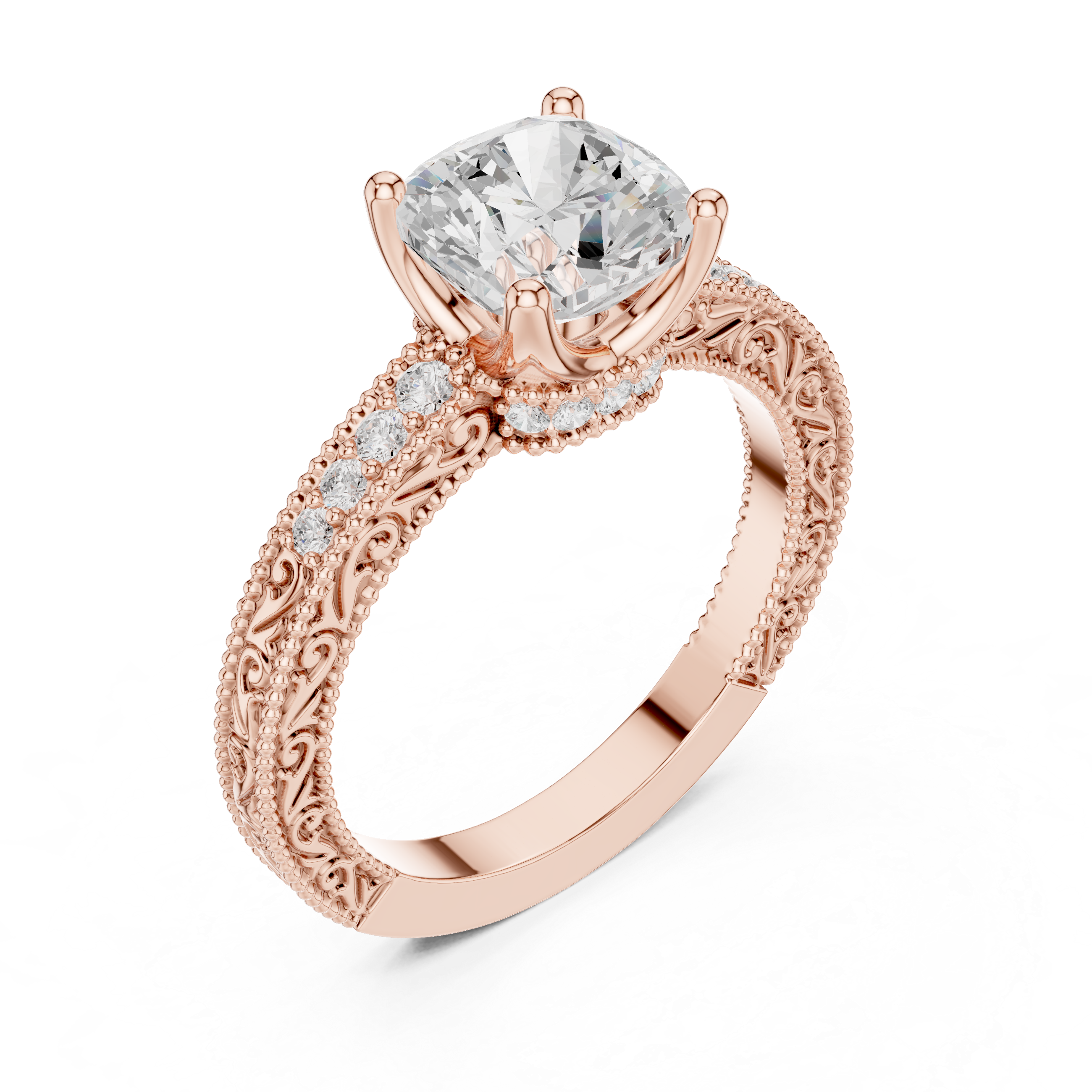 Cushion Cut Filigree with Milgrain Pave Band Engagement Ring