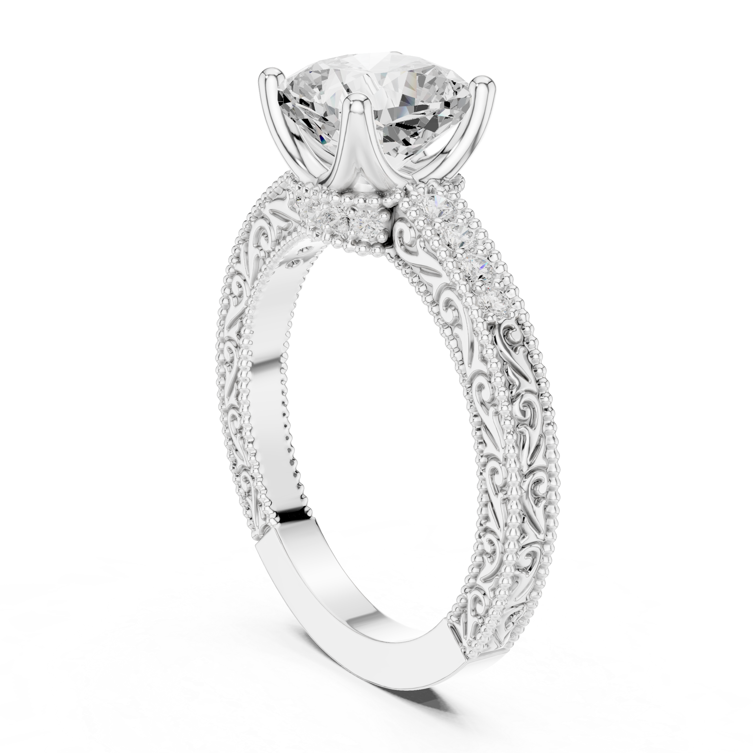 Cushion Cut Filigree with Milgrain Pave Band Engagement Ring