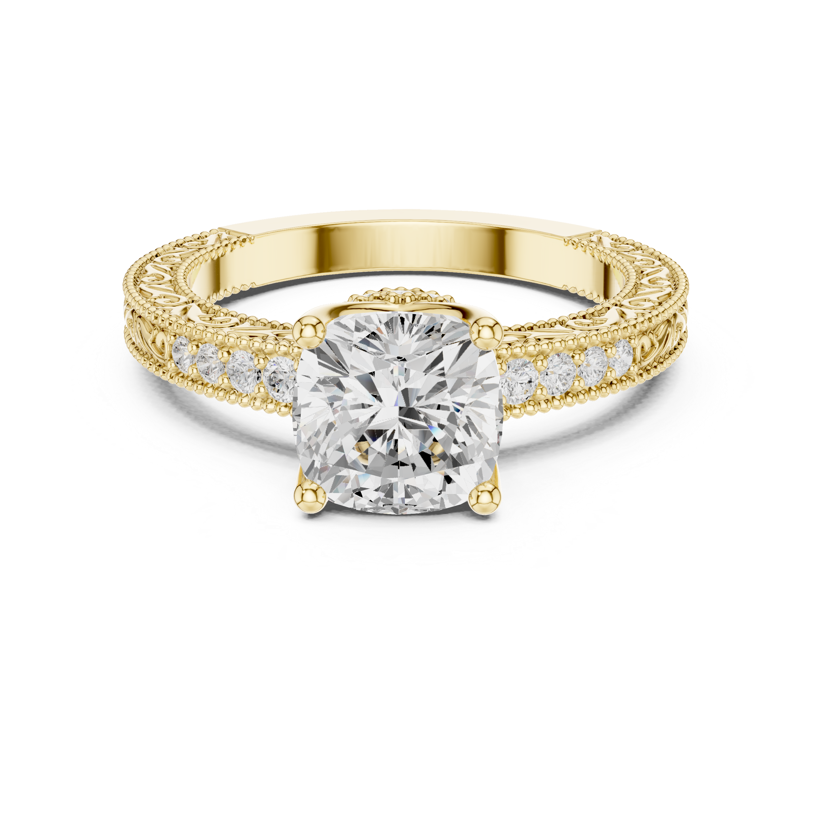 Cushion Cut Filigree with Milgrain Pave Band Engagement Ring