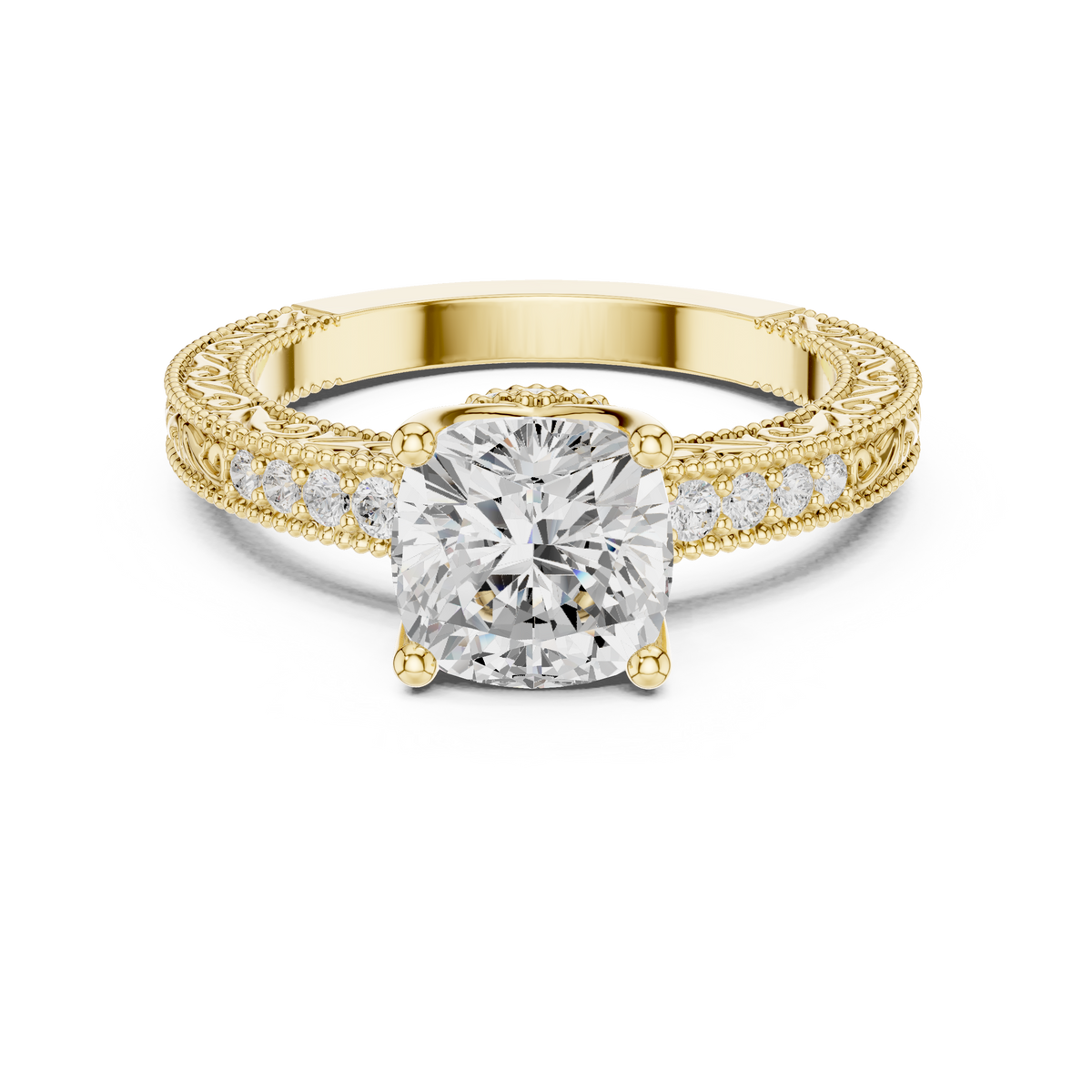 Cushion Cut Filigree with Milgrain Pave Band Engagement Ring